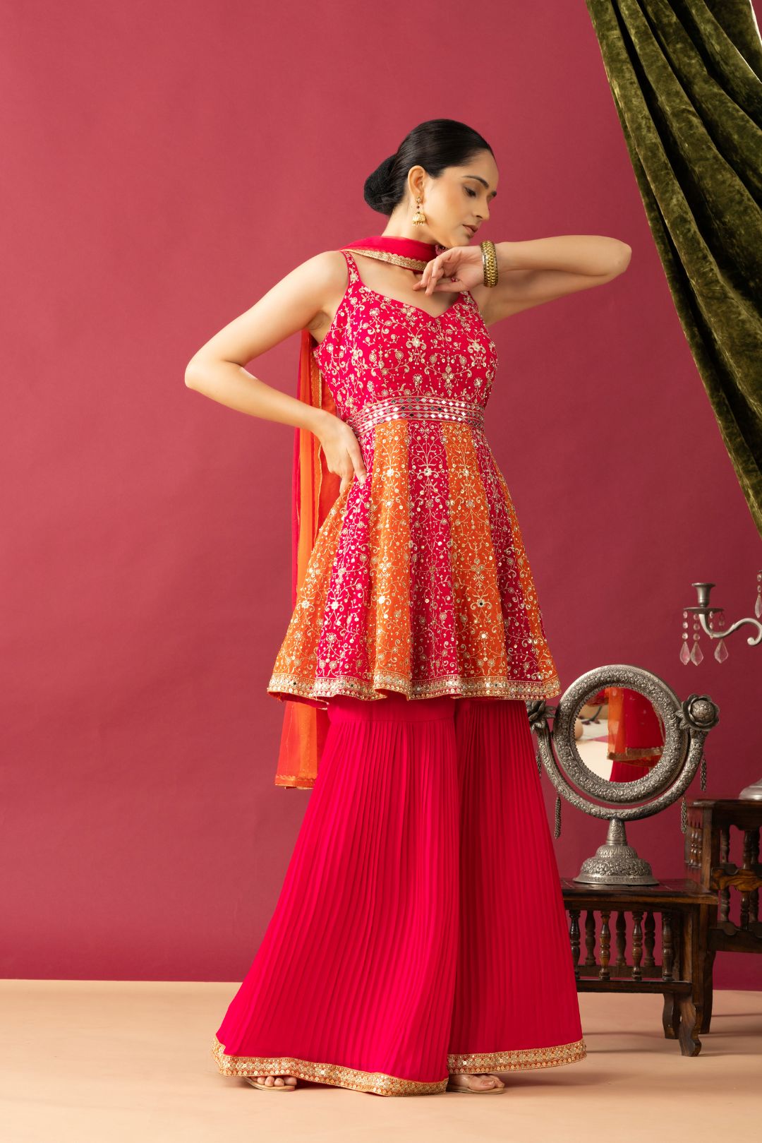 Pink Orange Peplum Sharara Set – Uniqstree - Main Image