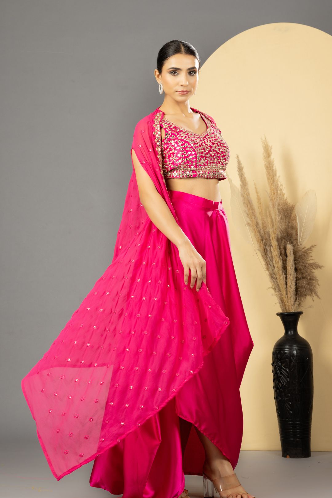 Pink Mirror Work Dhoti Skirt Set