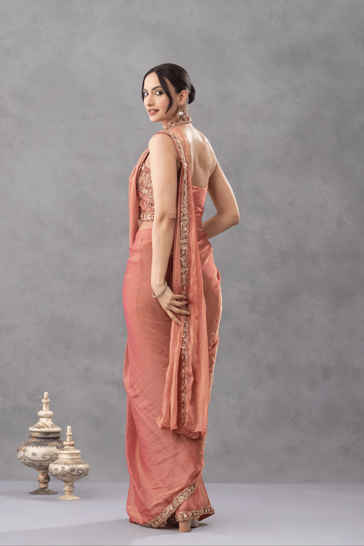 Peach Ombre Draped Saree with Statement Blouse