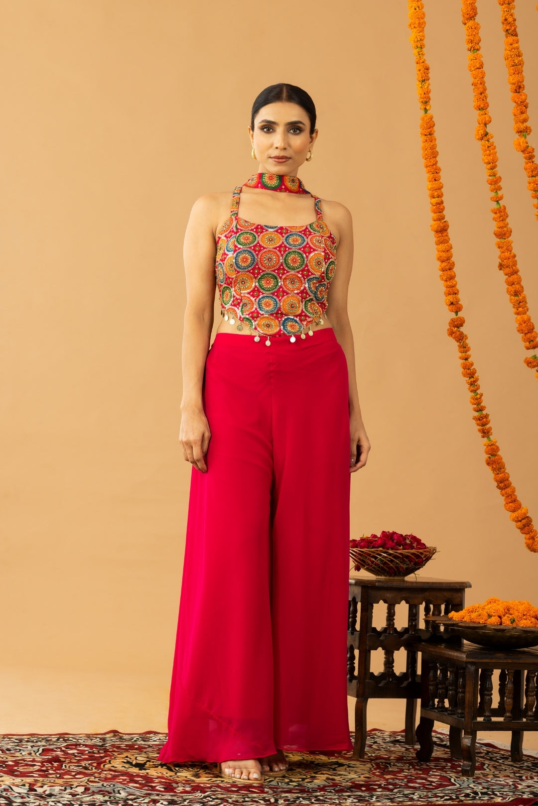 Hot Pink Sharara Set with Multicolor Zari Embroidered Blouse & Dupatta
