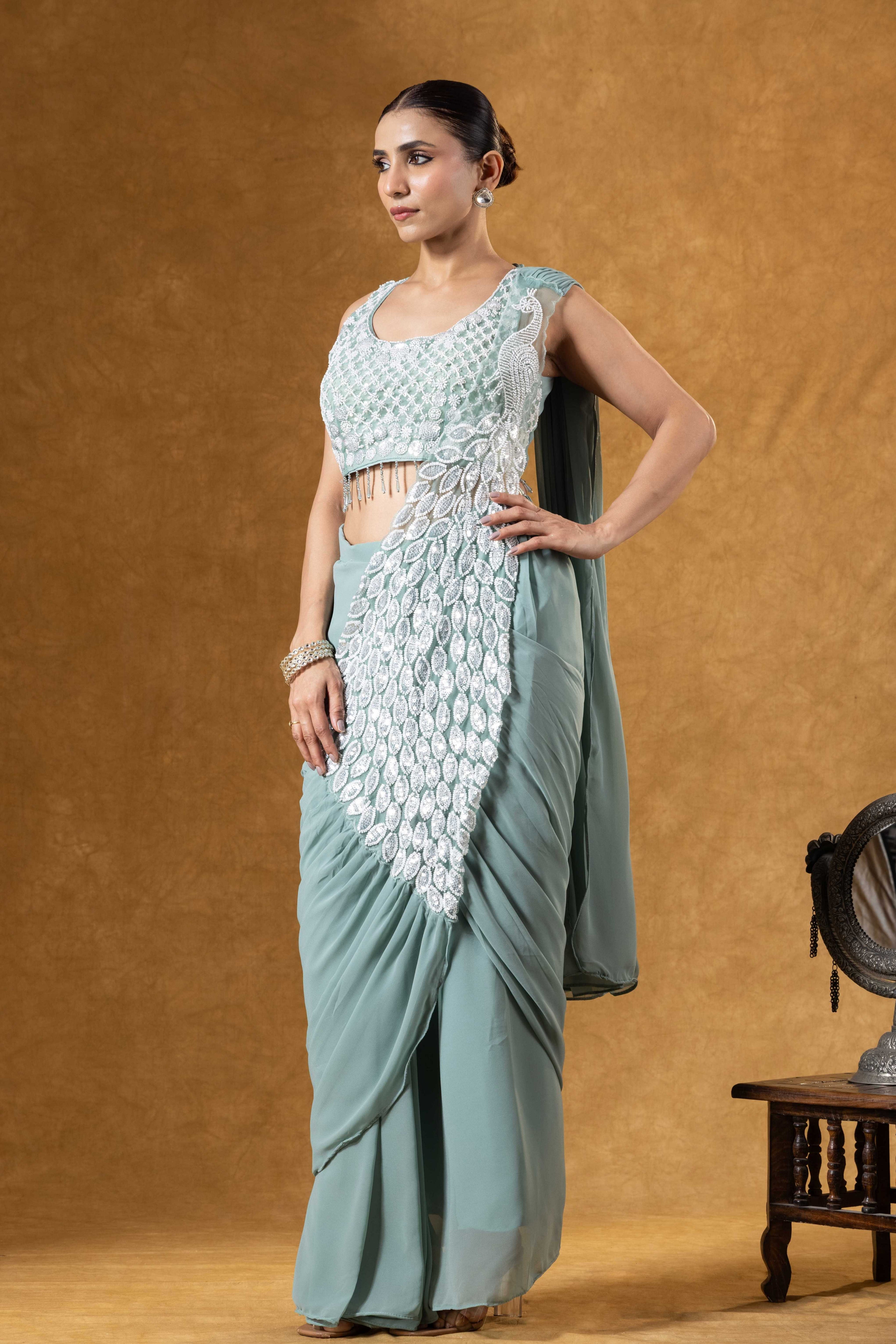 Mint Green Hand Embellished Saree