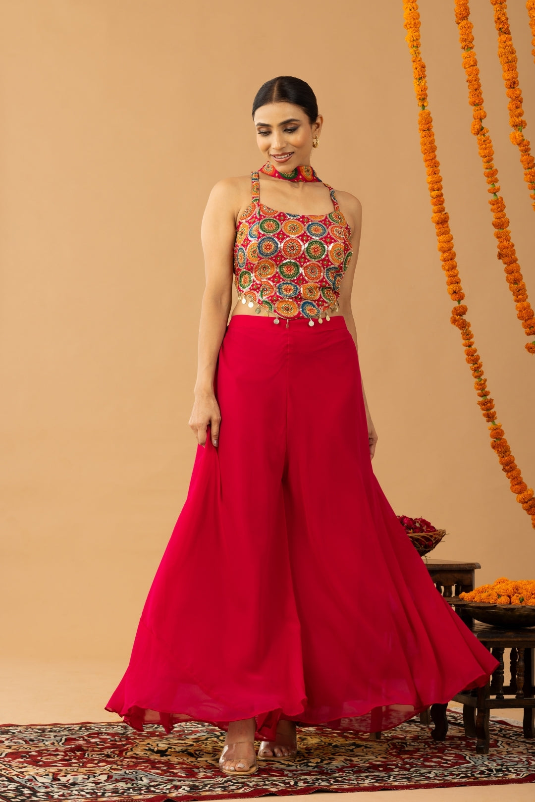 Hot Pink Sharara Set with Multicolor Zari Embroidered Blouse & Dupatta