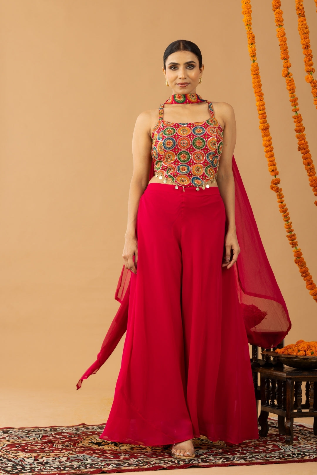 Hot Pink Sharara Set with Multicolor Zari Embroidered Blouse & Dupatta