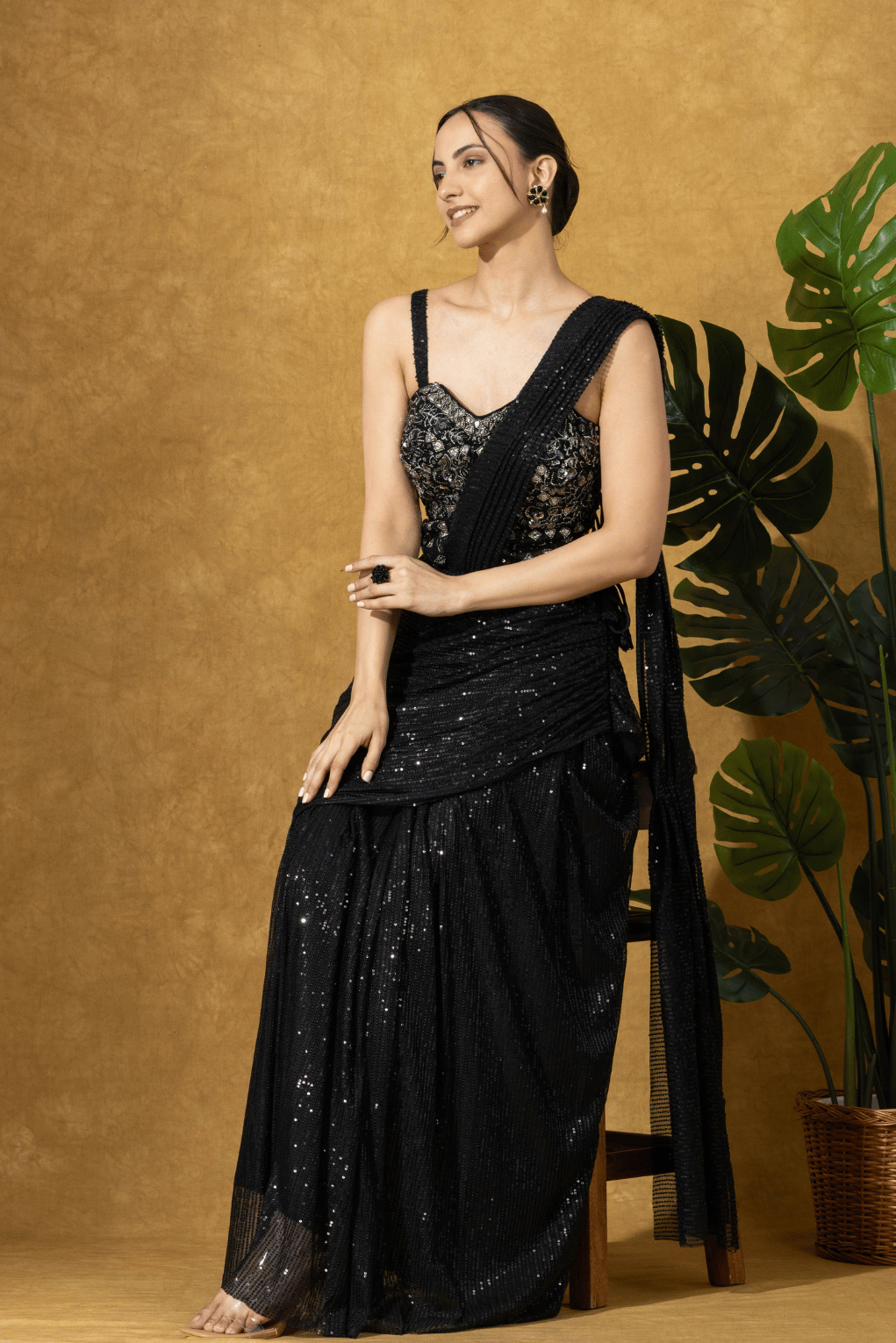 Black Sequin Drape Saree Set