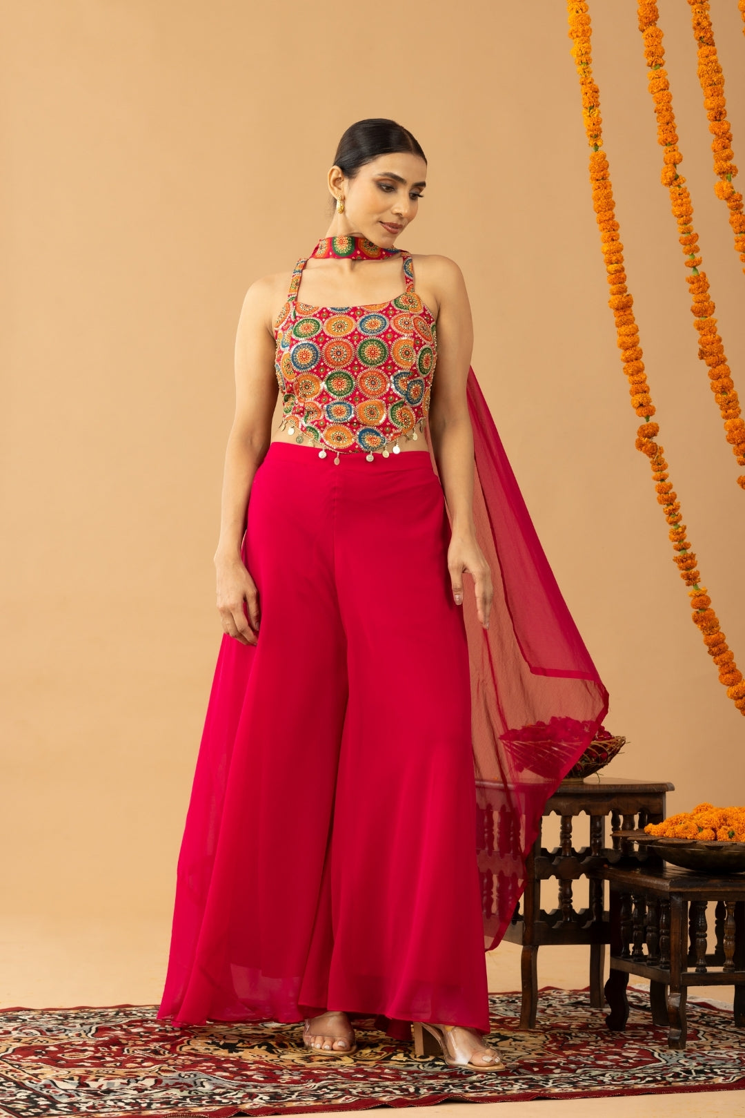 Hot Pink Sharara Set with Multicolor Zari Embroidered Blouse & Dupatta