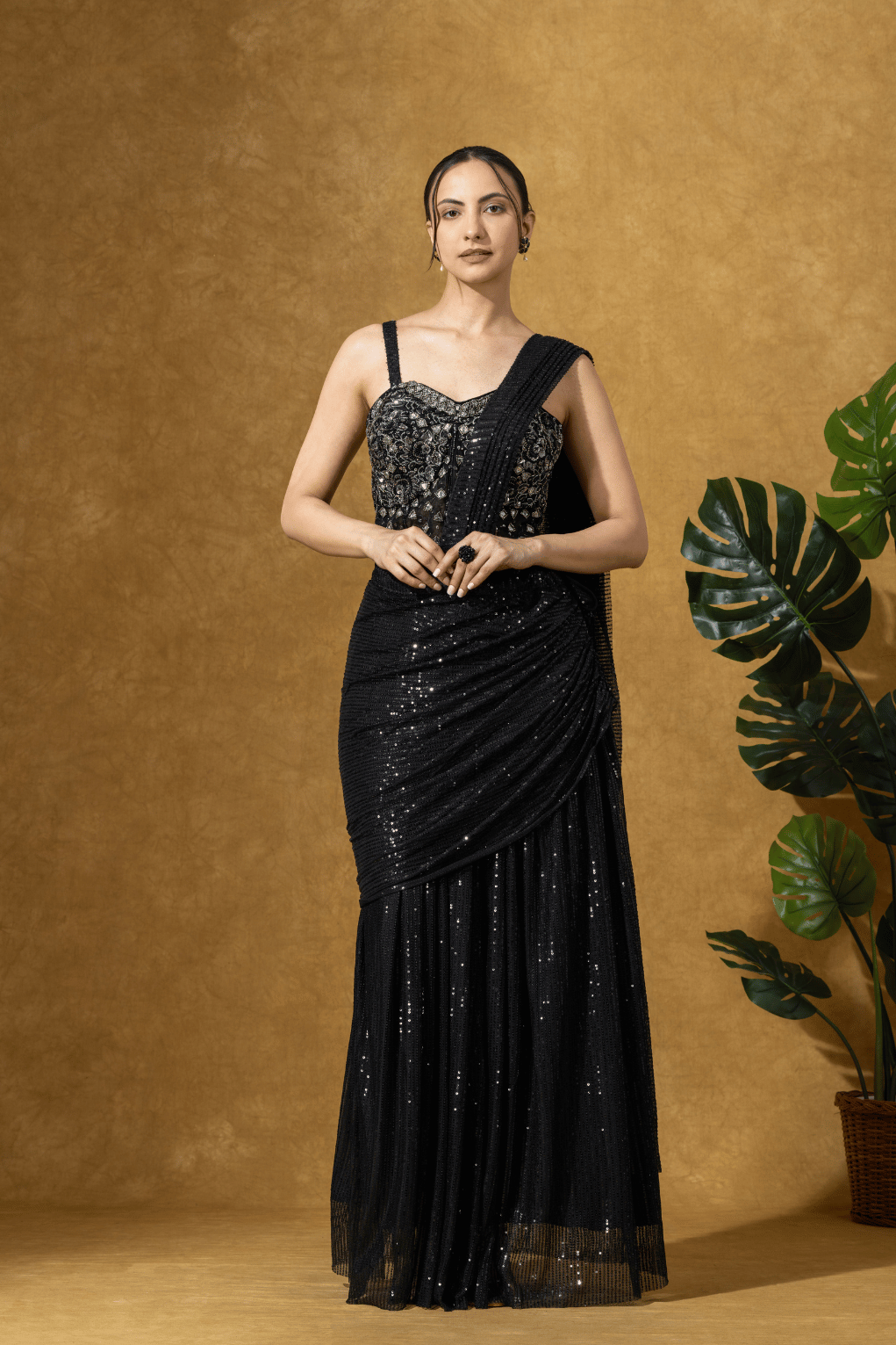 Black Sequin Drape Saree Set