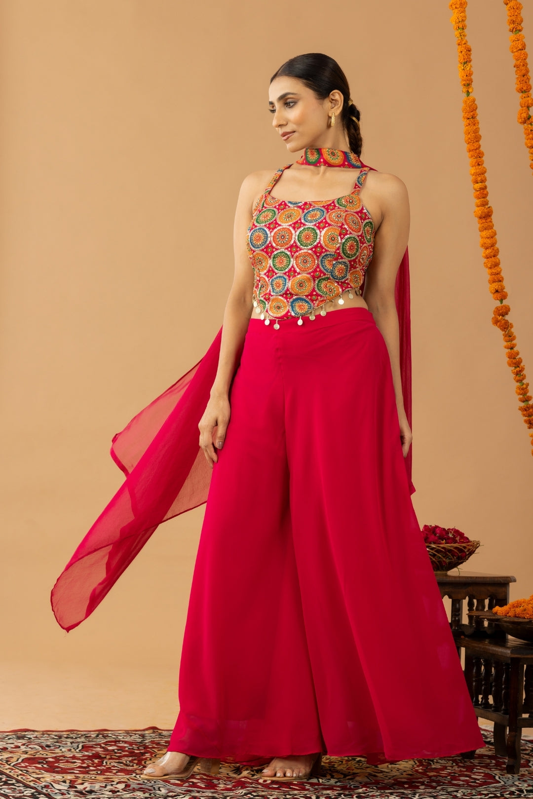 Hot Pink Sharara Set with Multicolor Zari Embroidered Blouse & Dupatta