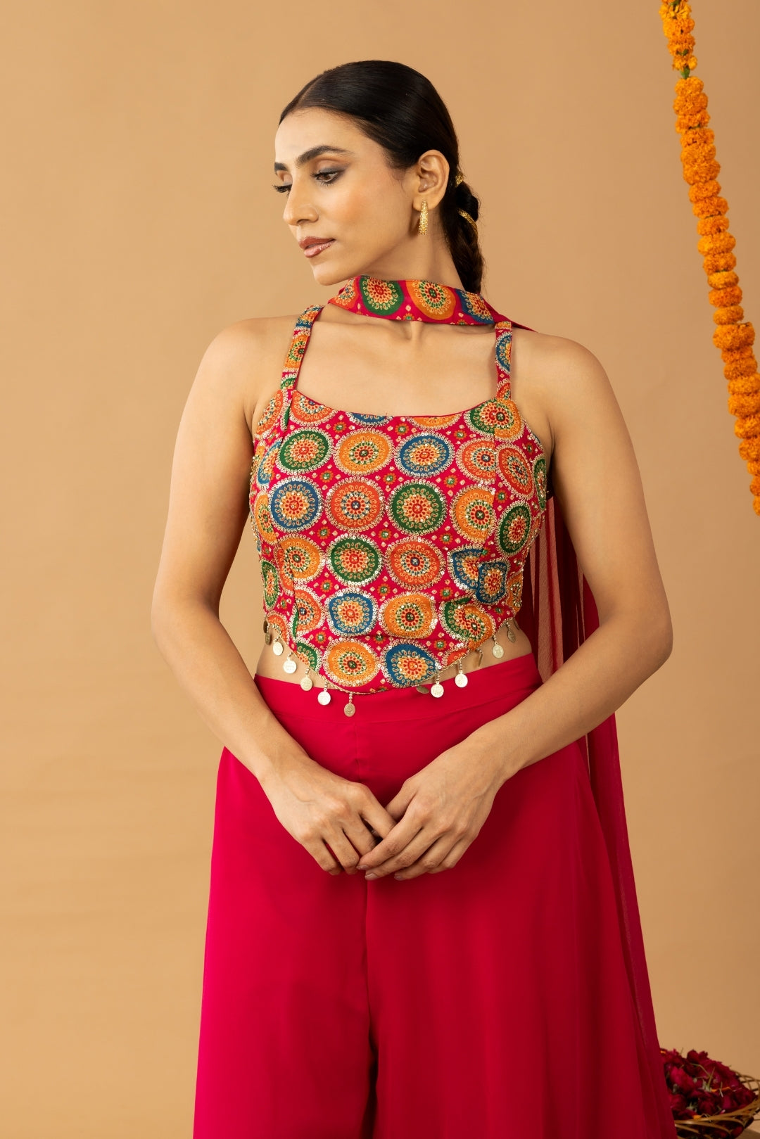 Hot Pink Sharara Set with Multicolor Zari Embroidered Blouse & Dupatta