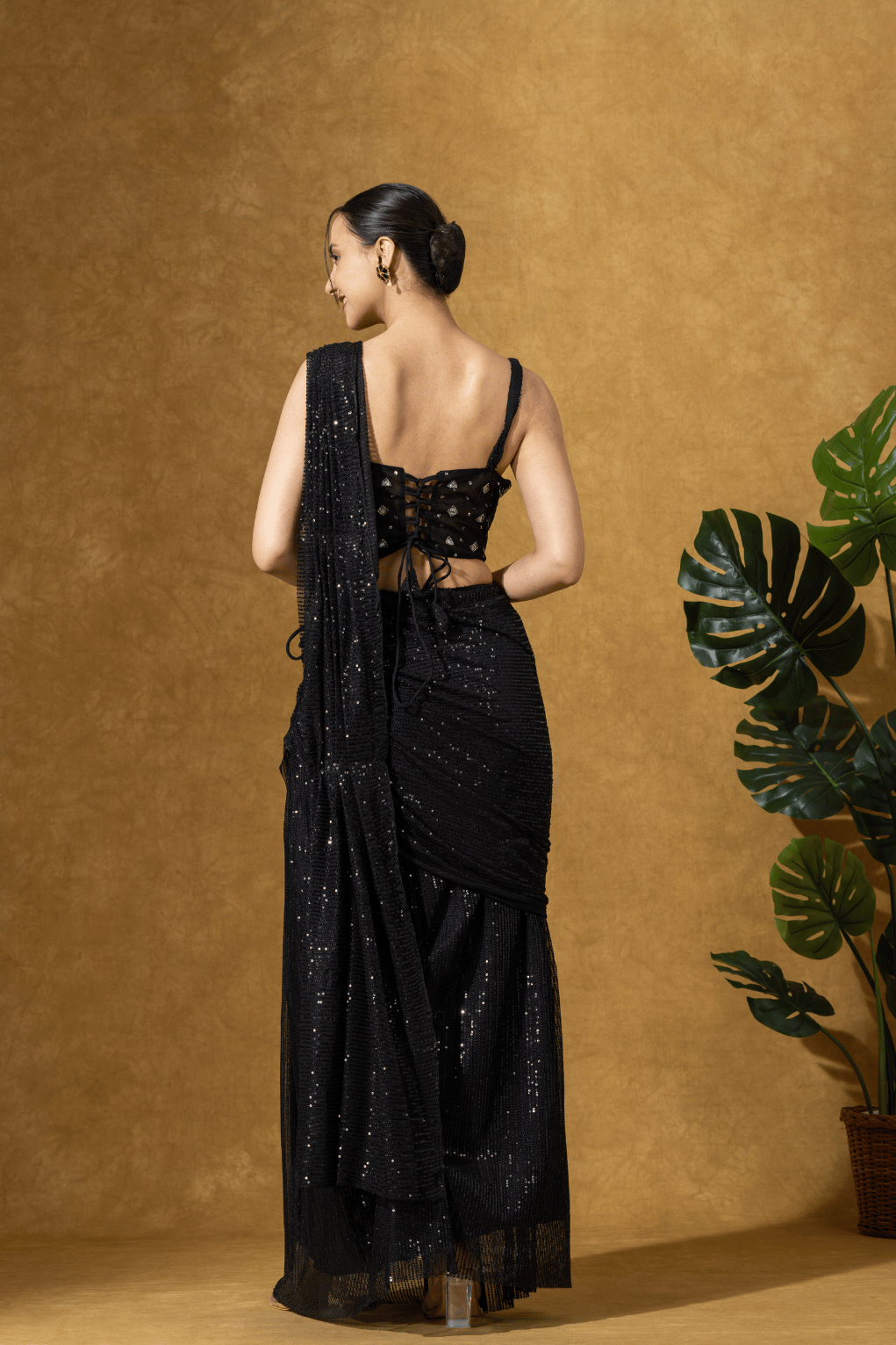 Black Sequin Drape Saree Set