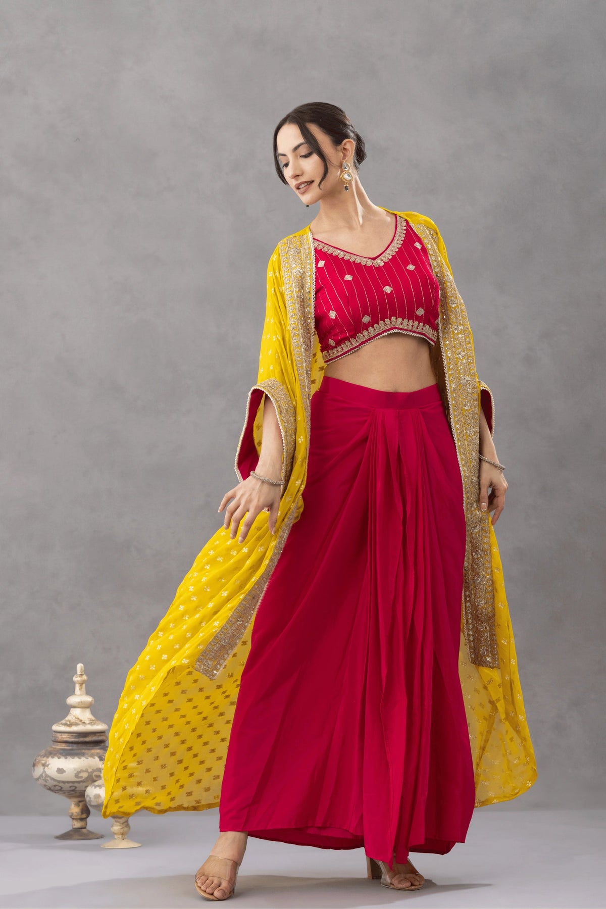 Magenta Pink Draped Skirt Set with Embellished Blouse & Yellow Cape