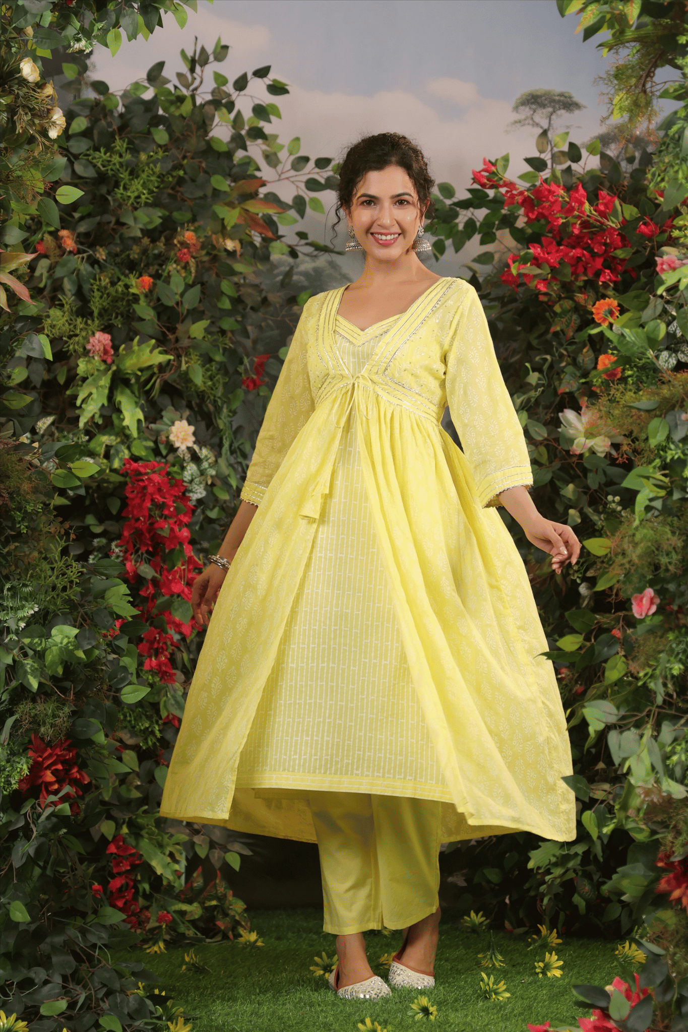 Yellow Hand Block Cotton Kurta Set With Shrug