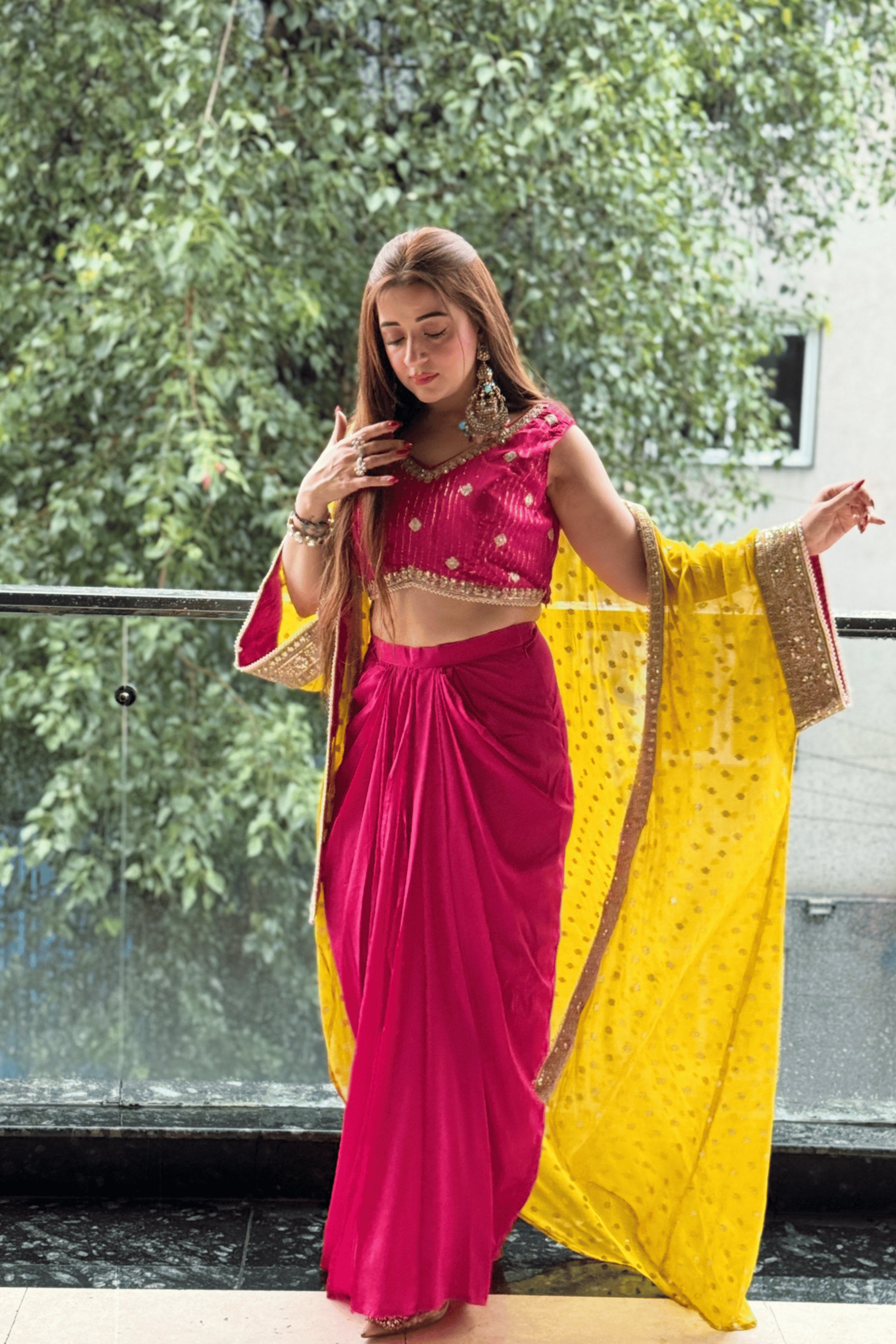 Magenta Draped Skirt Set with Embellished Blouse & Yellow Cape