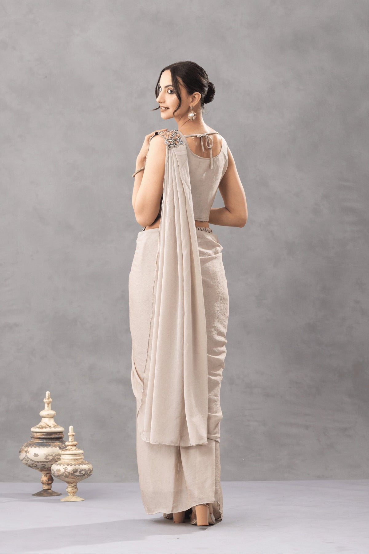 Warm Beige Draped Saree with Floral Embroidered Blouse