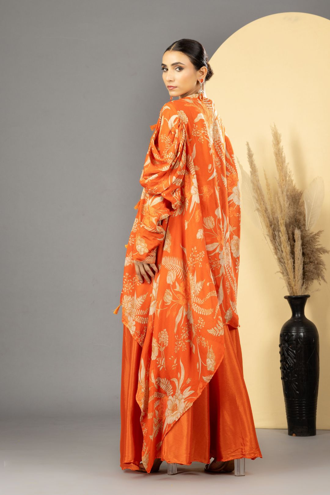 Orange Sharara with Full Sleeves Cape Set