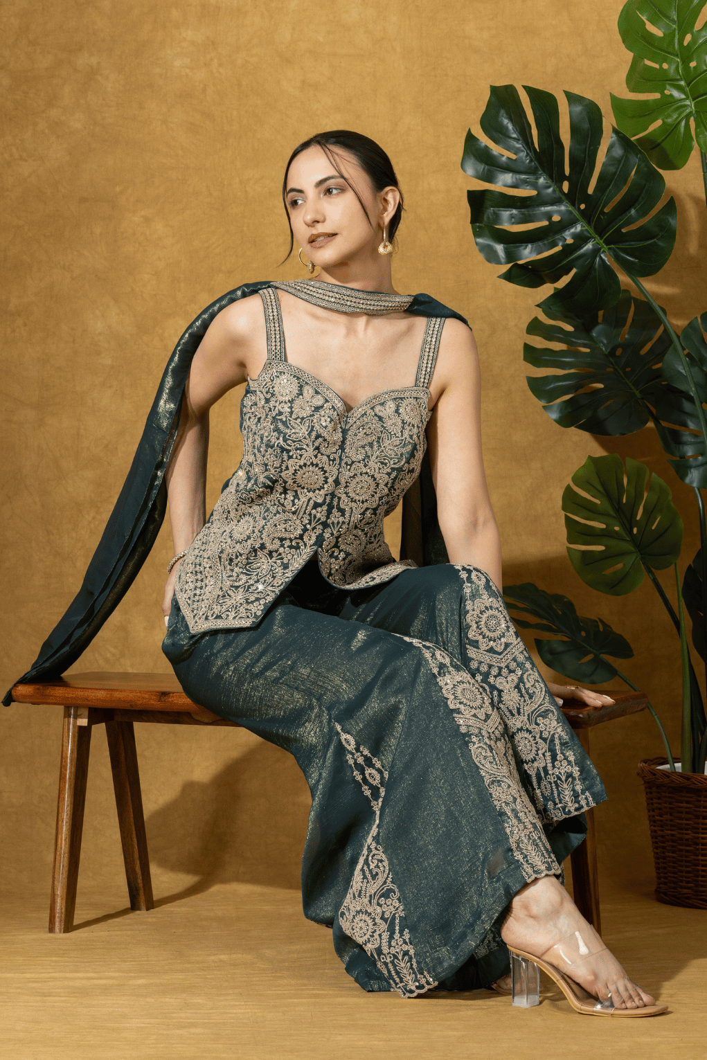 Teal Green Embroidered Indo-Western Jacket & Flared Pants Set