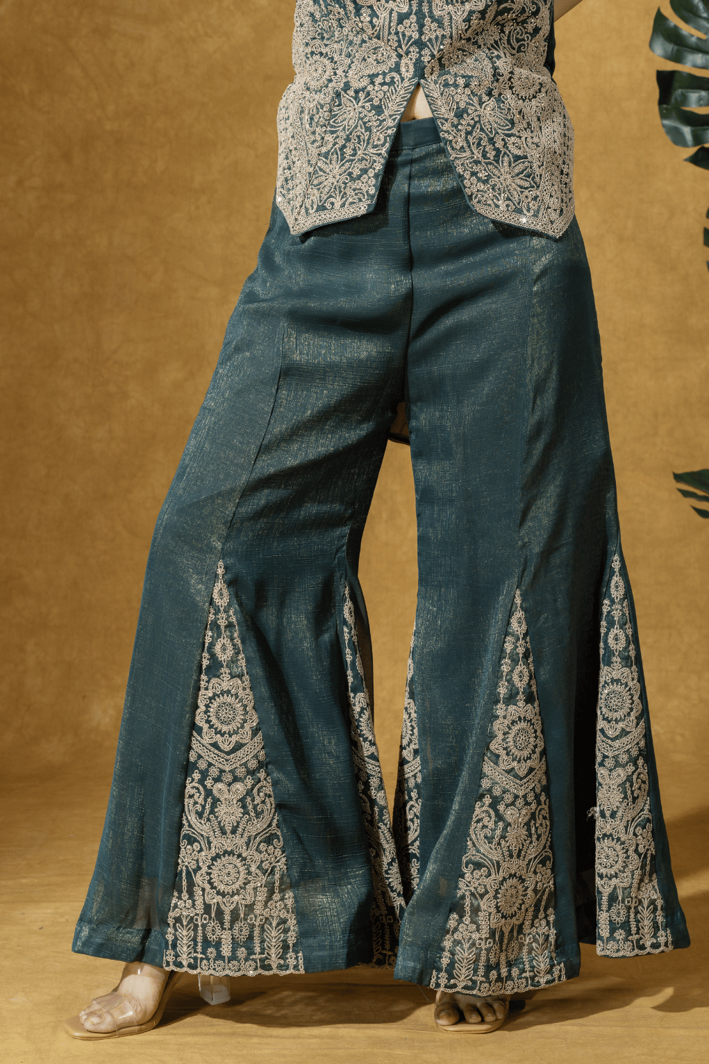 Teal Green Embroidered Indo-Western Jacket & Flared Pants Set