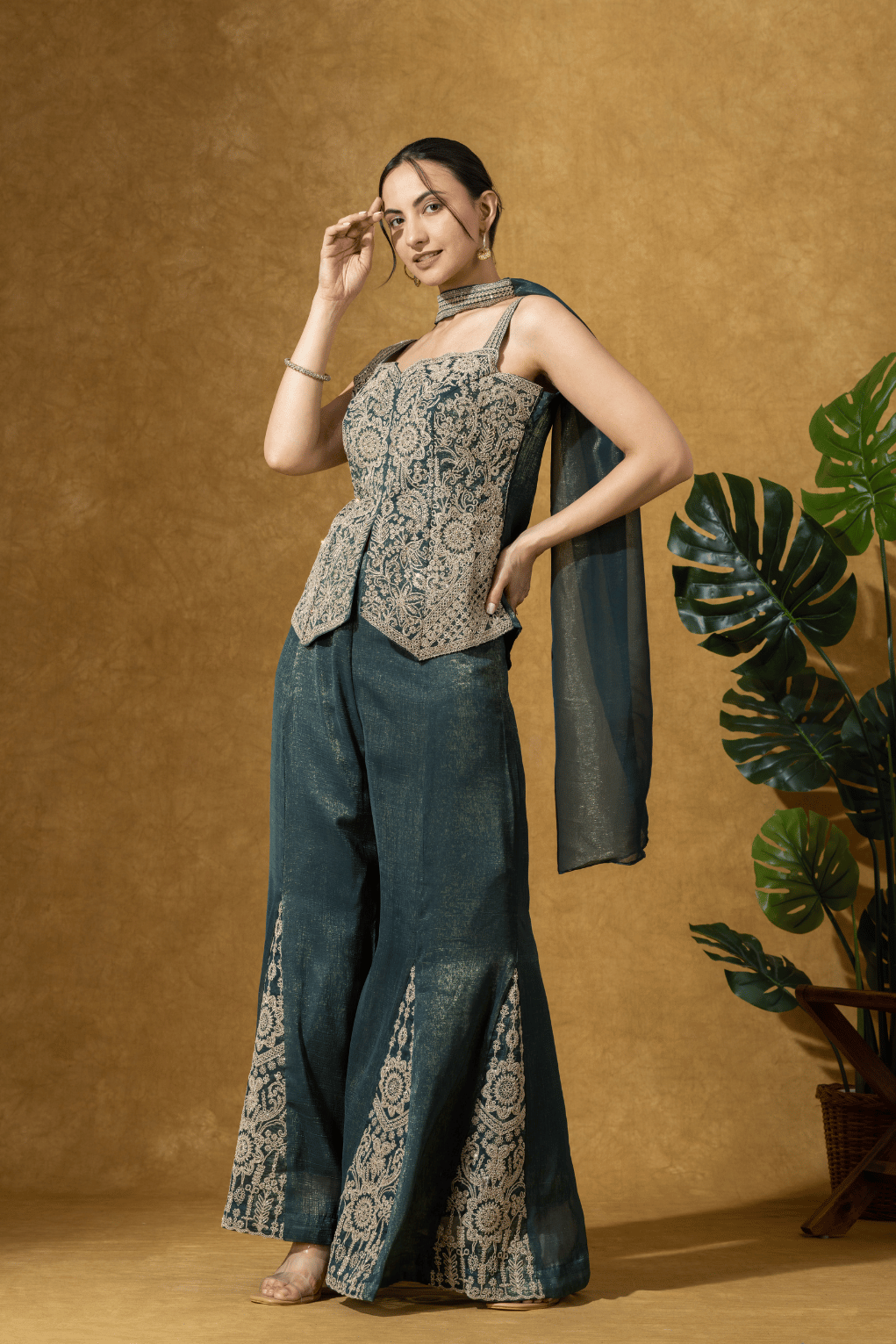 Teal Green Embroidered Indo-Western Jacket & Flared Pants Set