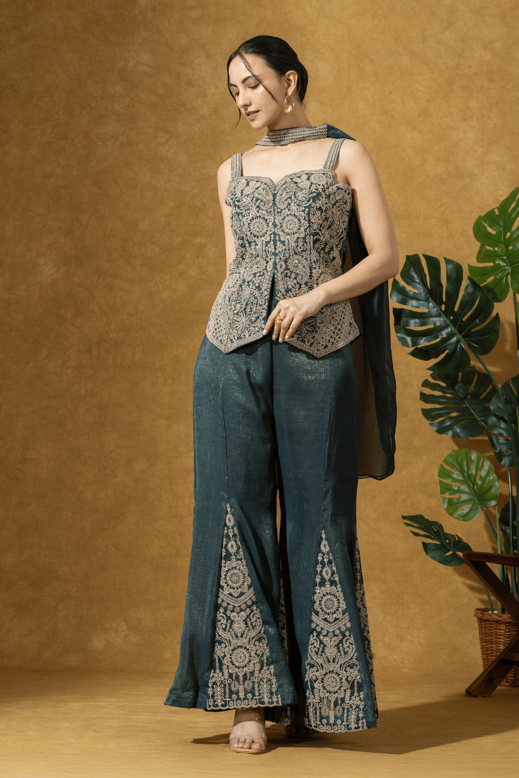 Teal Green Embroidered Indo-Western Jacket & Flared Pants Set