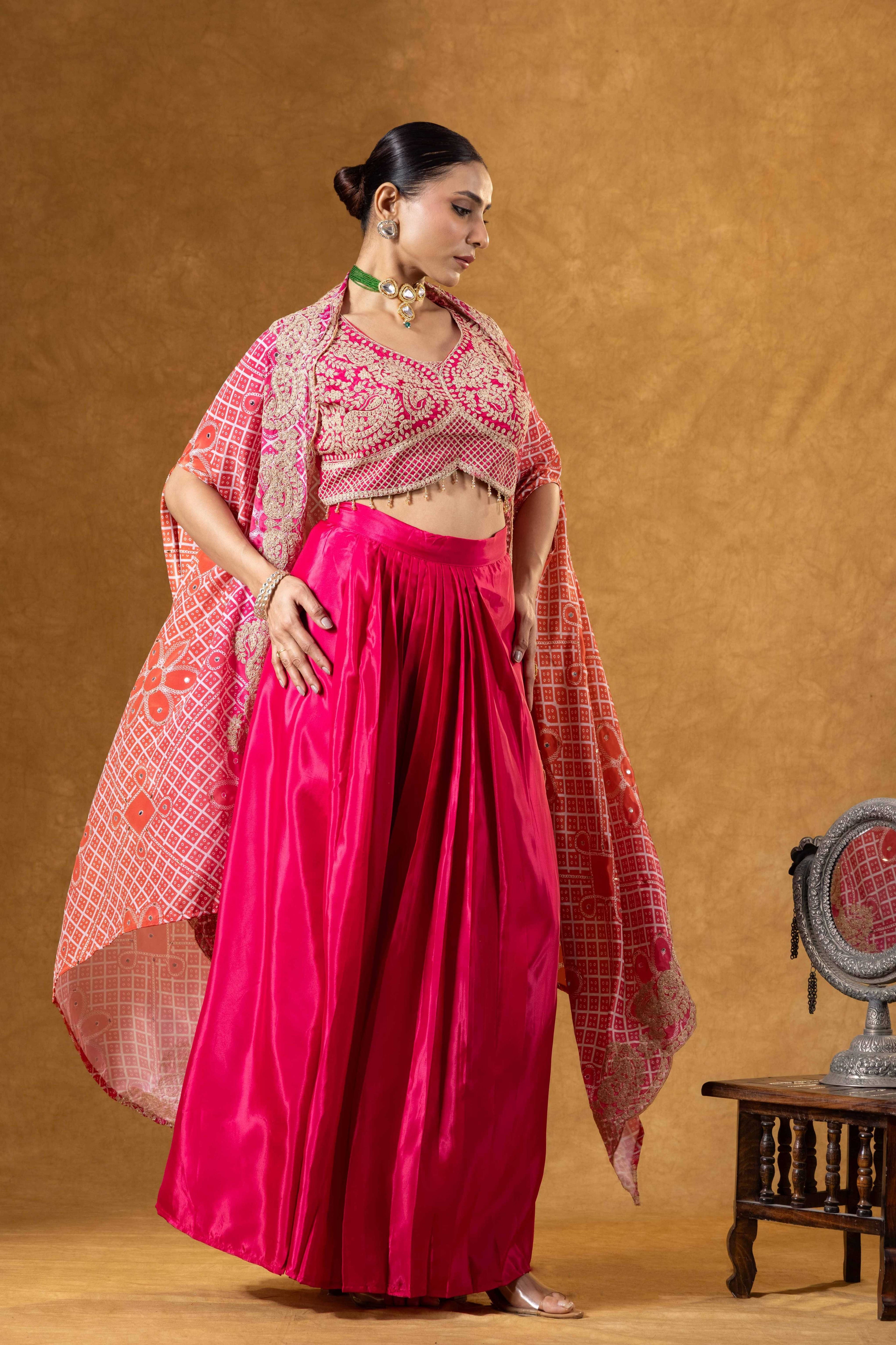 Pink & Coral Red Cape Skirt Set