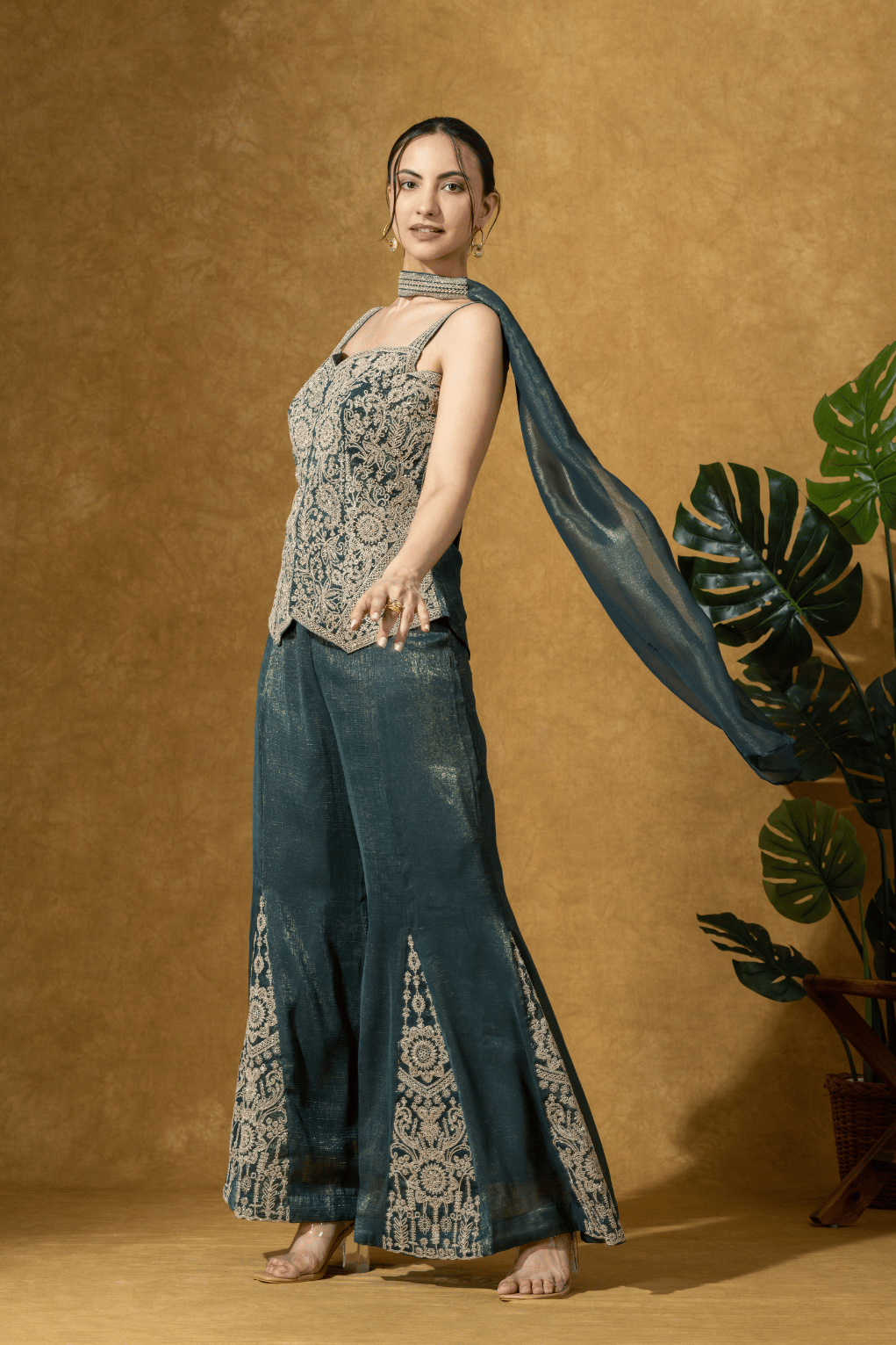 Teal Green Embroidered Indo-Western Jacket & Flared Pants Set