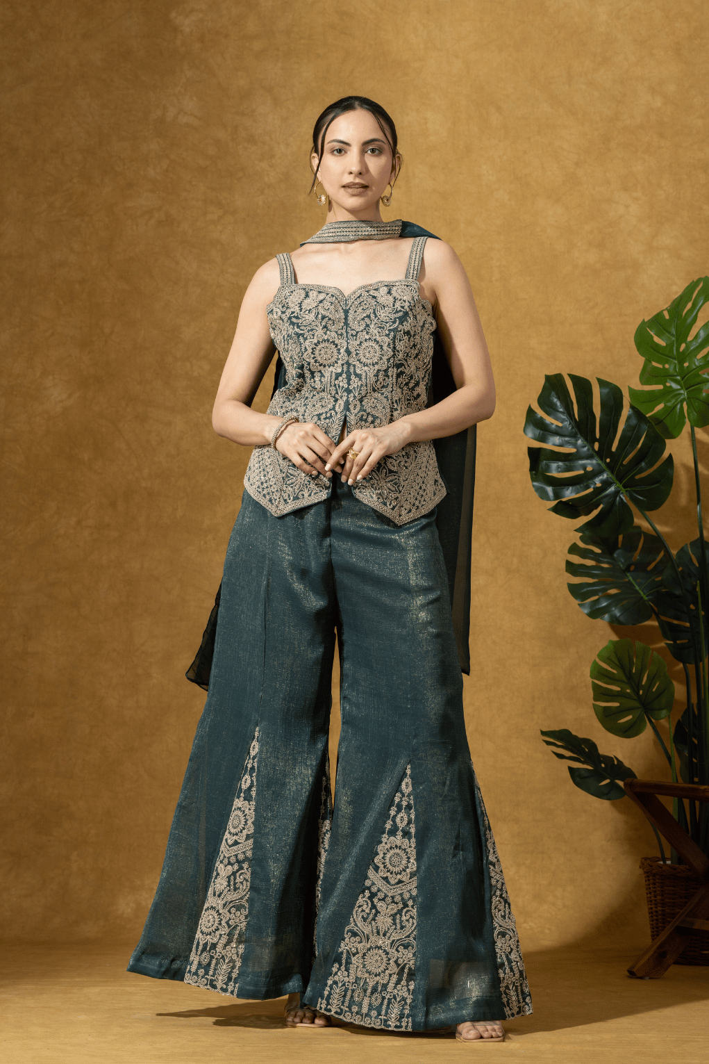 Teal Green Embroidered Indo-Western Jacket & Flared Pants Set