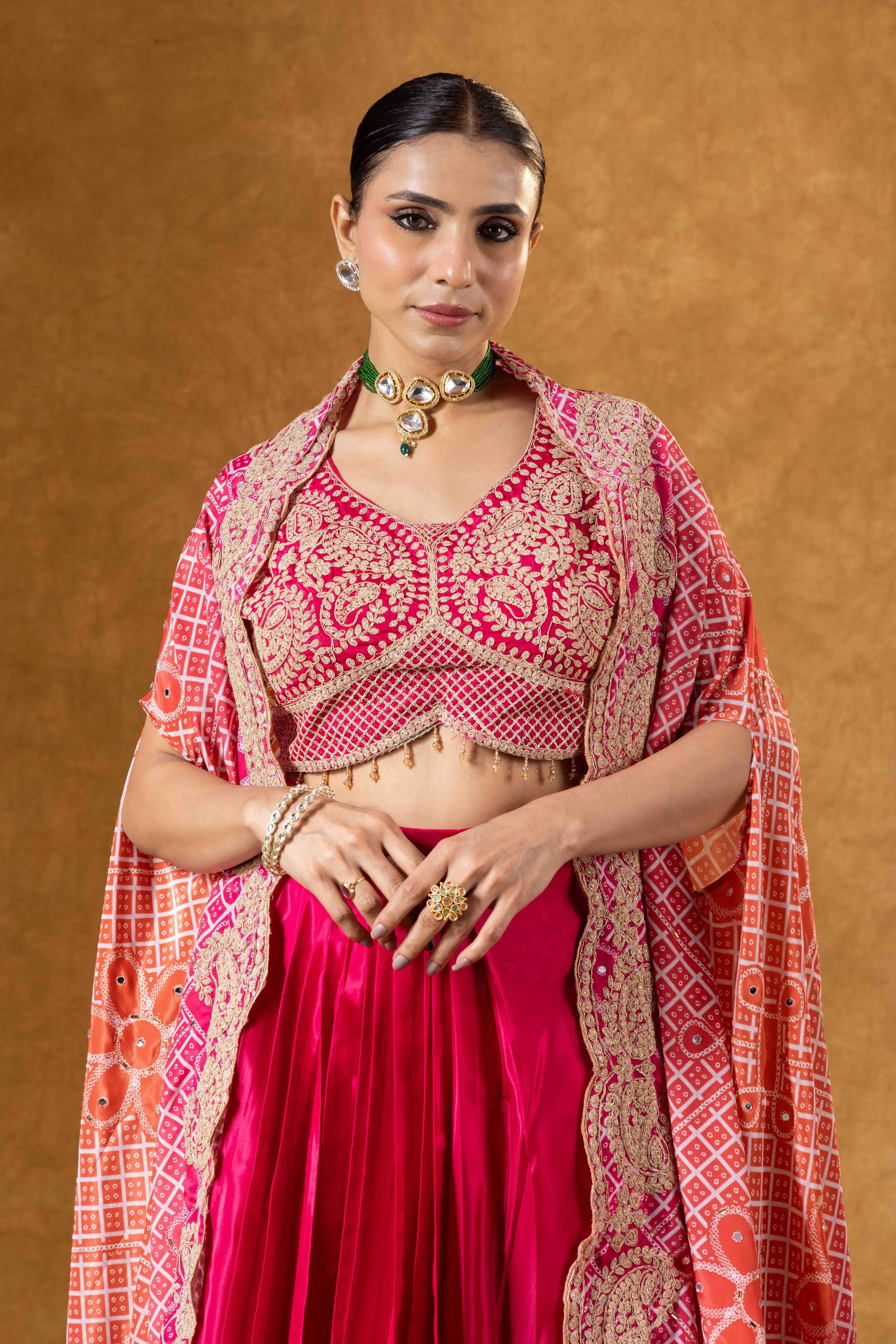 Pink & Coral Red Cape Skirt Set