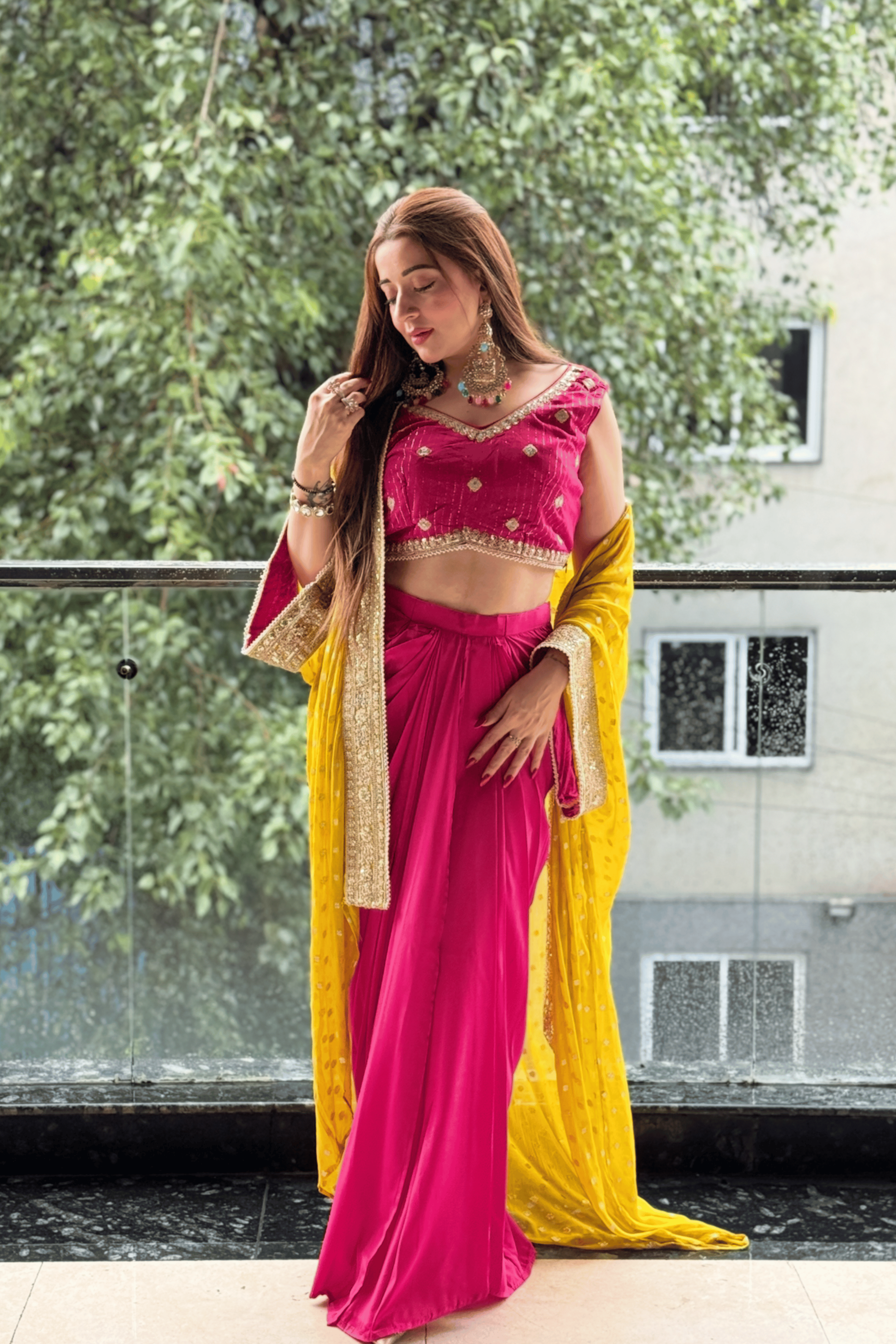 Magenta Draped Skirt Set with Embellished Blouse & Yellow Cape