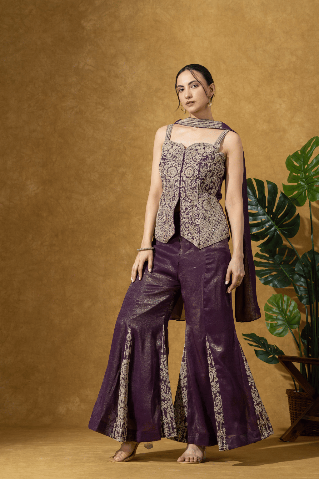 Wine Embroidered Indo-Western Jacket & Flared Pants Set