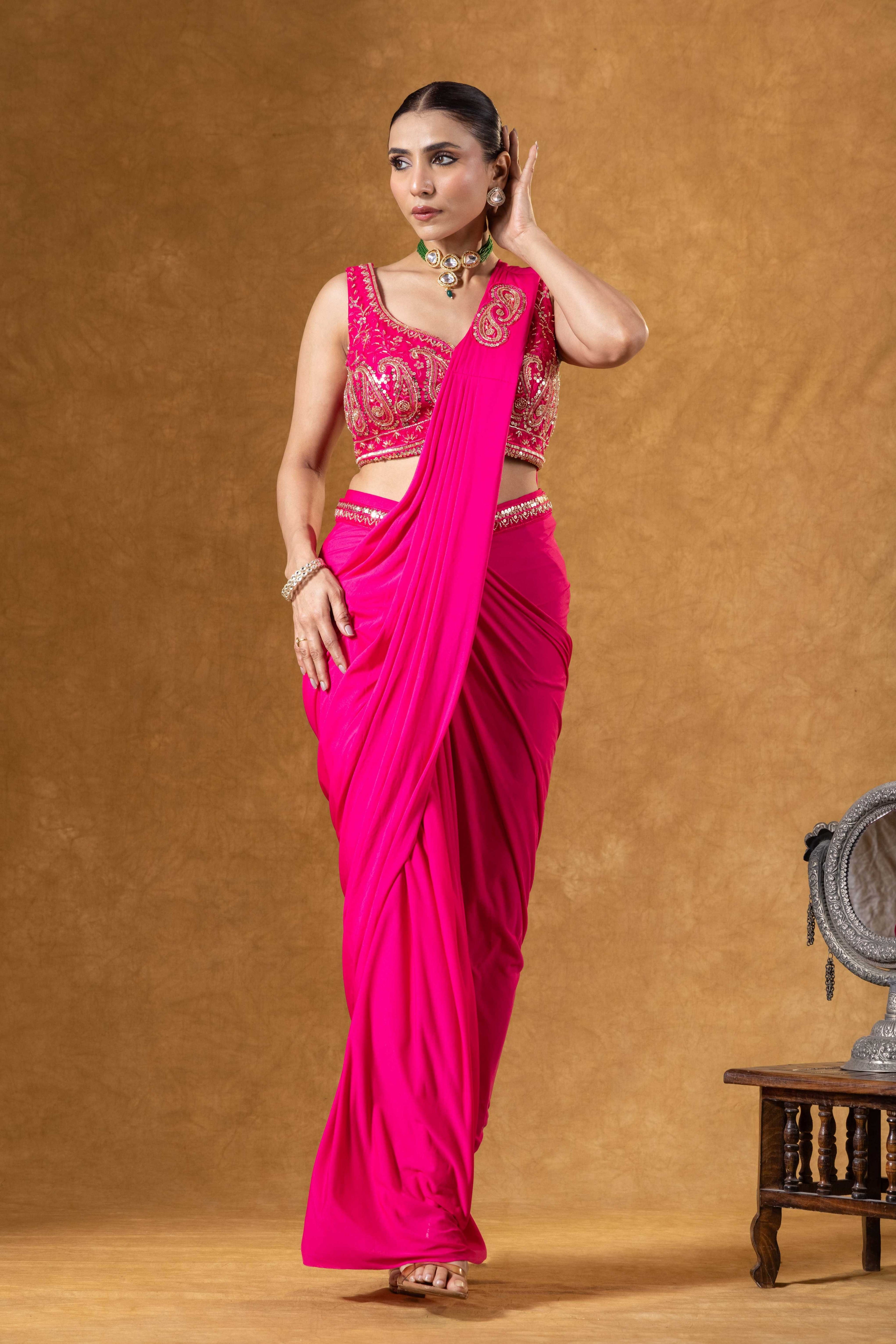 Hot Pink Draped Saree Ensemble