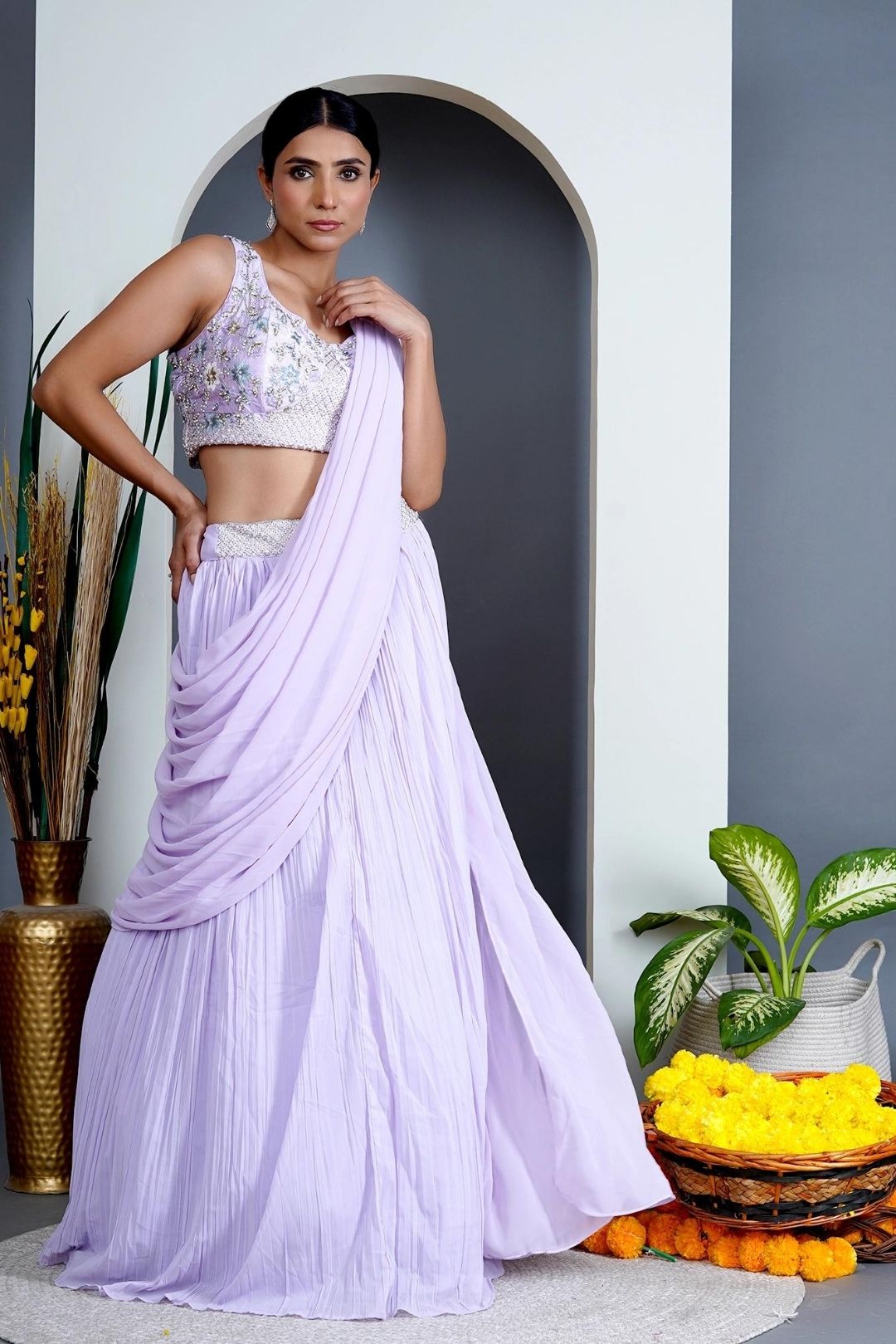 Lavender Georgette Draped Jacket Saree Set