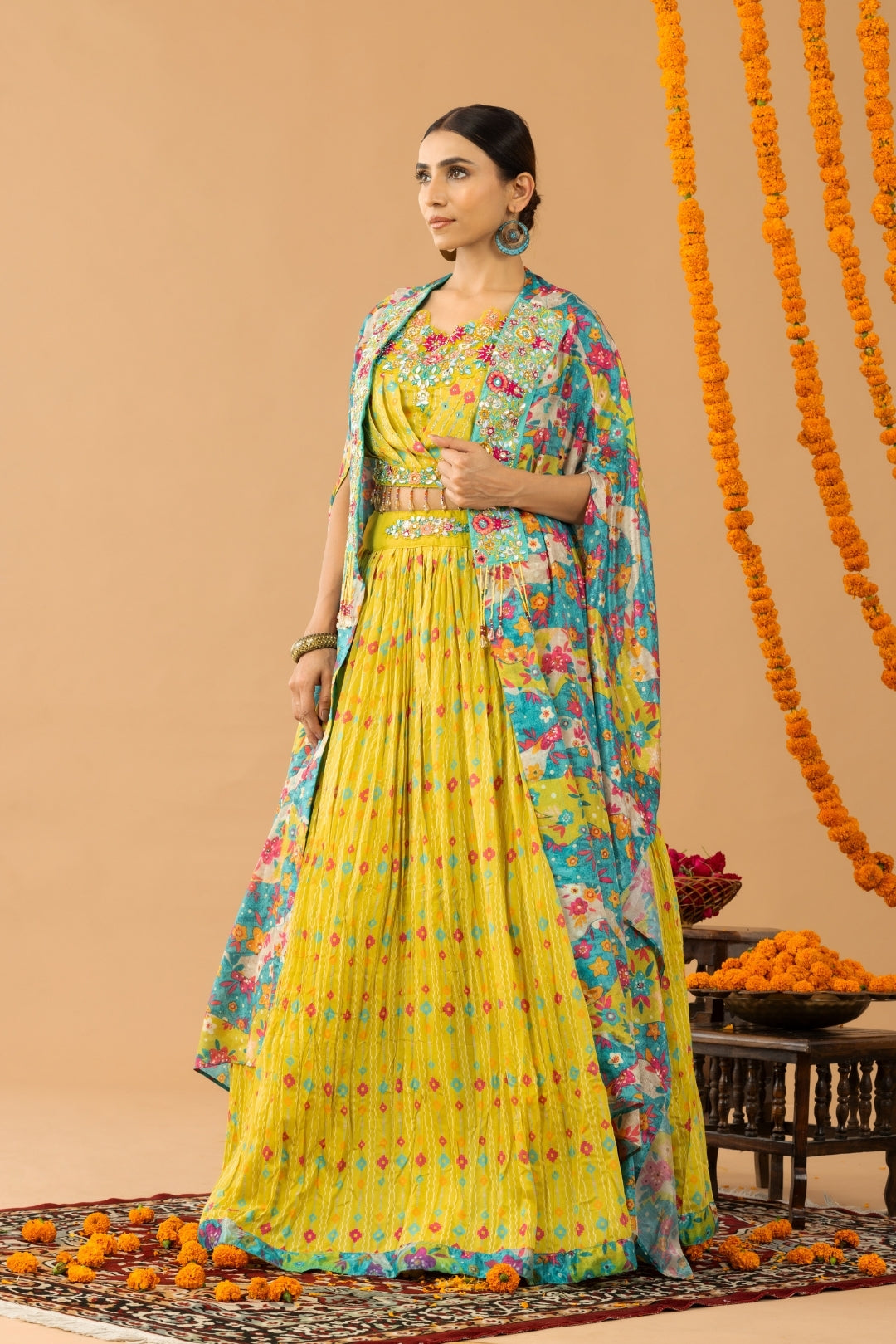 Yellow Chiffon Crop Top & Printed Jacket Set