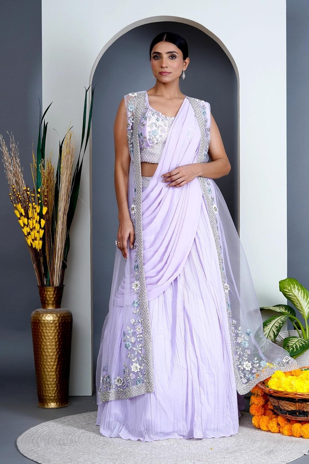 Lavender Georgette Draped Jacket Saree Set