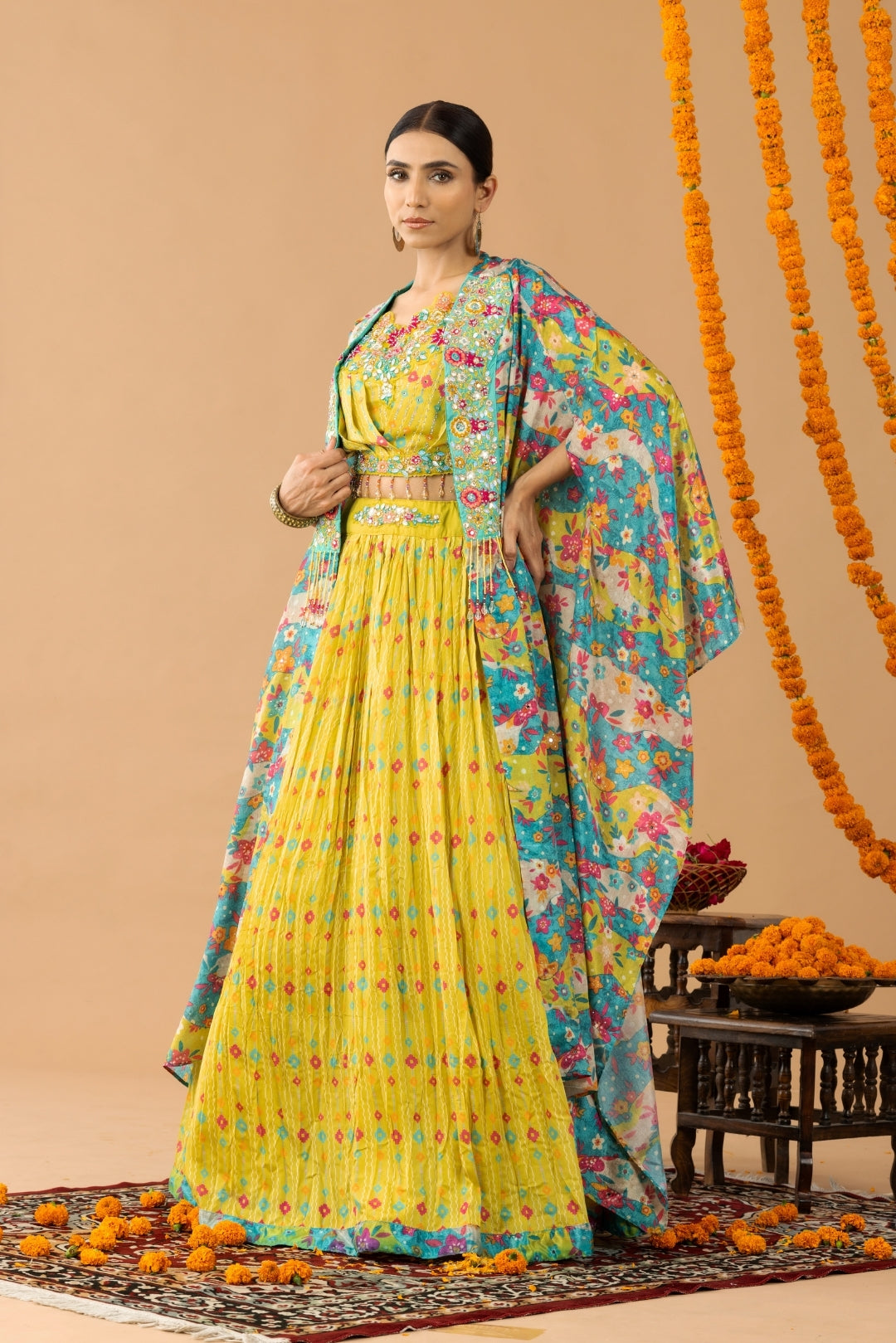 Yellow Chiffon Crop Top & Printed Jacket Set