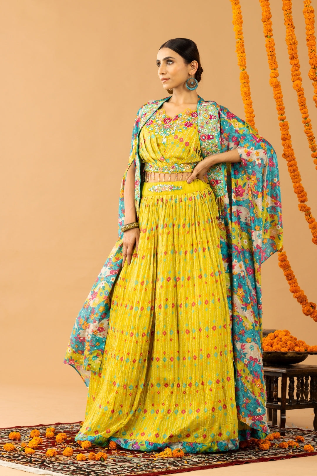 Yellow Chiffon Crop Top & Printed Jacket Set