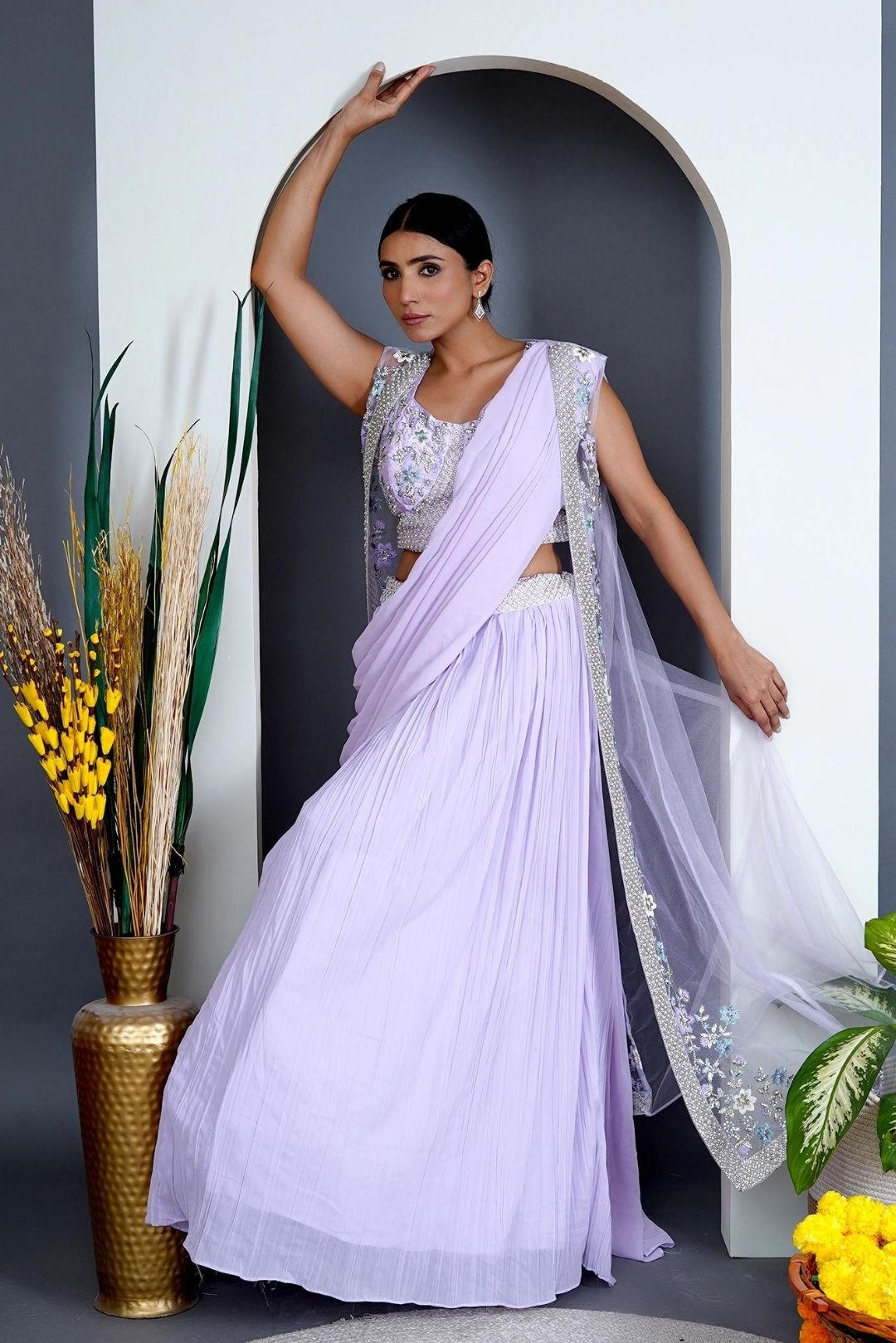 Lavender Georgette Draped Jacket Saree Set