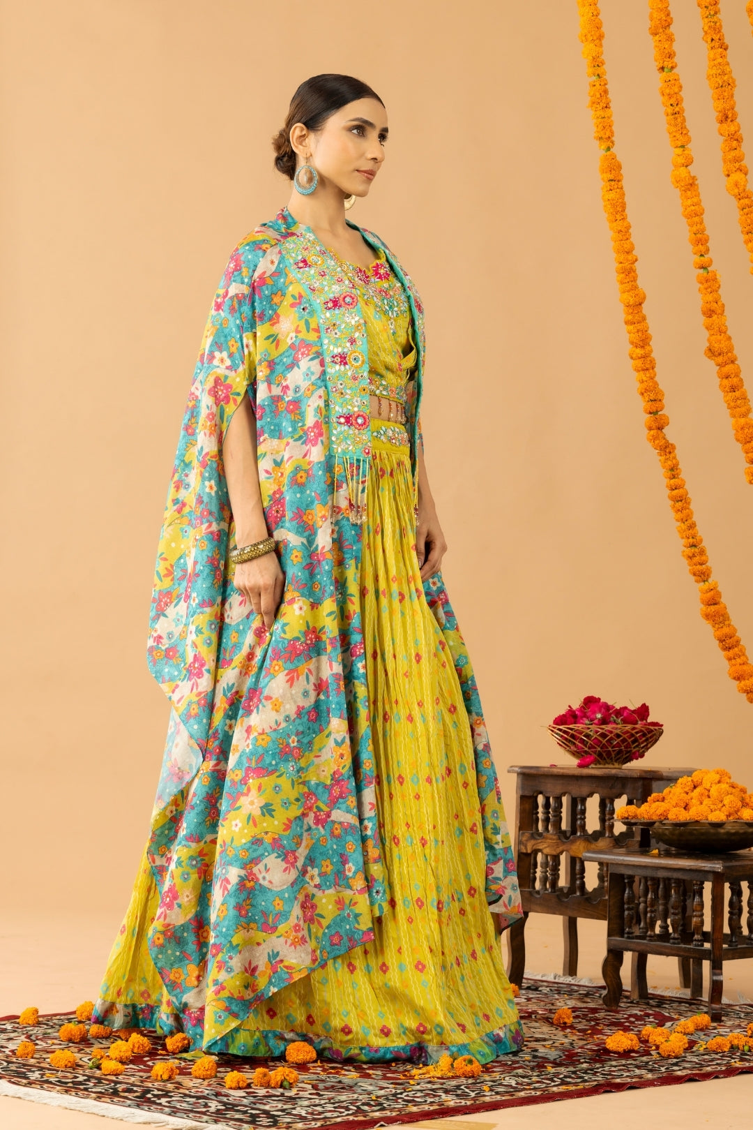 Yellow Chiffon Crop Top & Printed Jacket Set