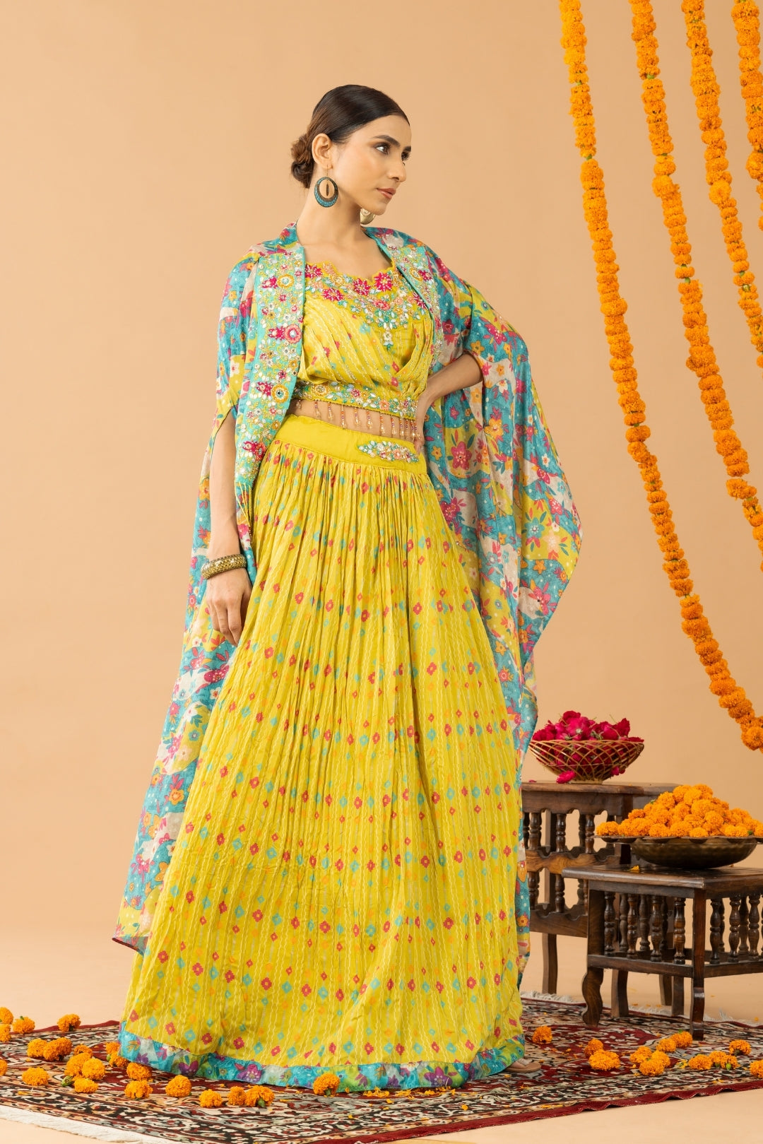 Yellow Chiffon Crop Top & Printed Jacket Set