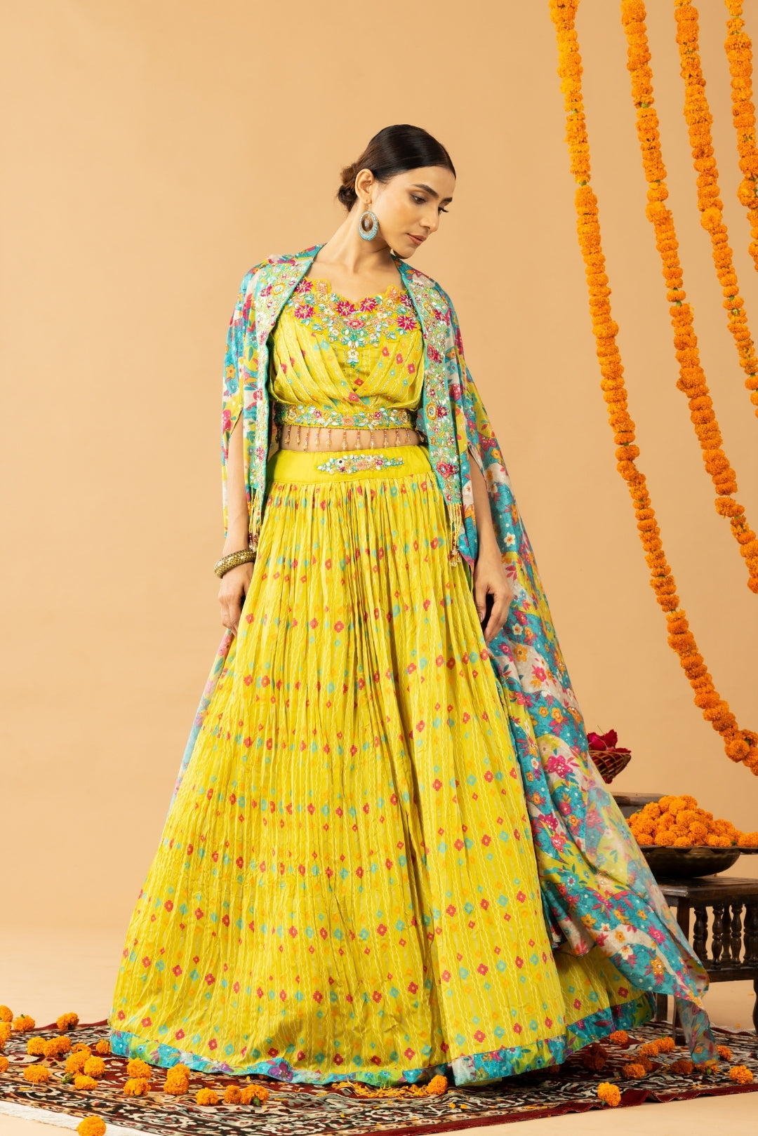 Yellow Chiffon Crop Top & Printed Jacket Set