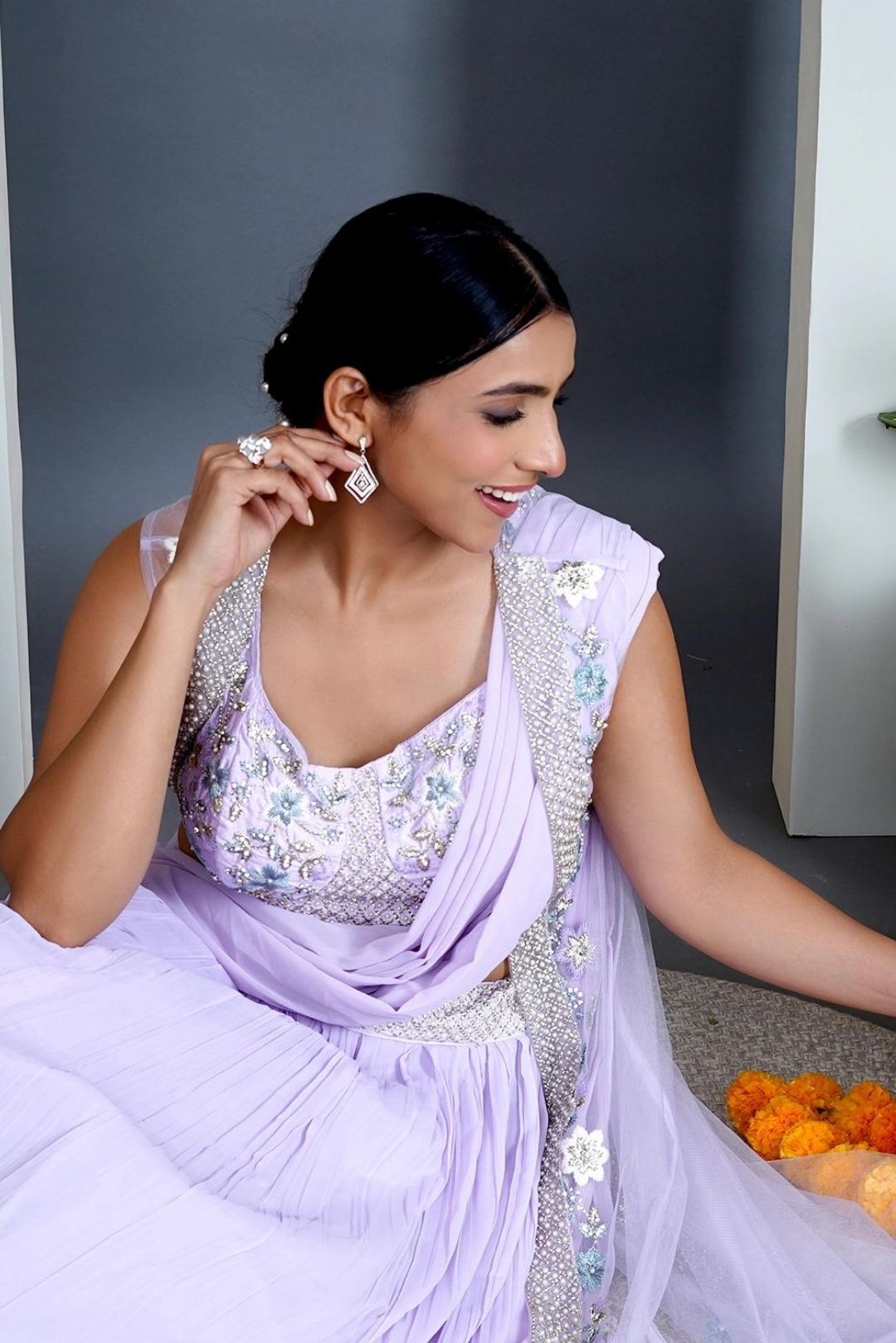 Lavender Georgette Draped Jacket Saree Set