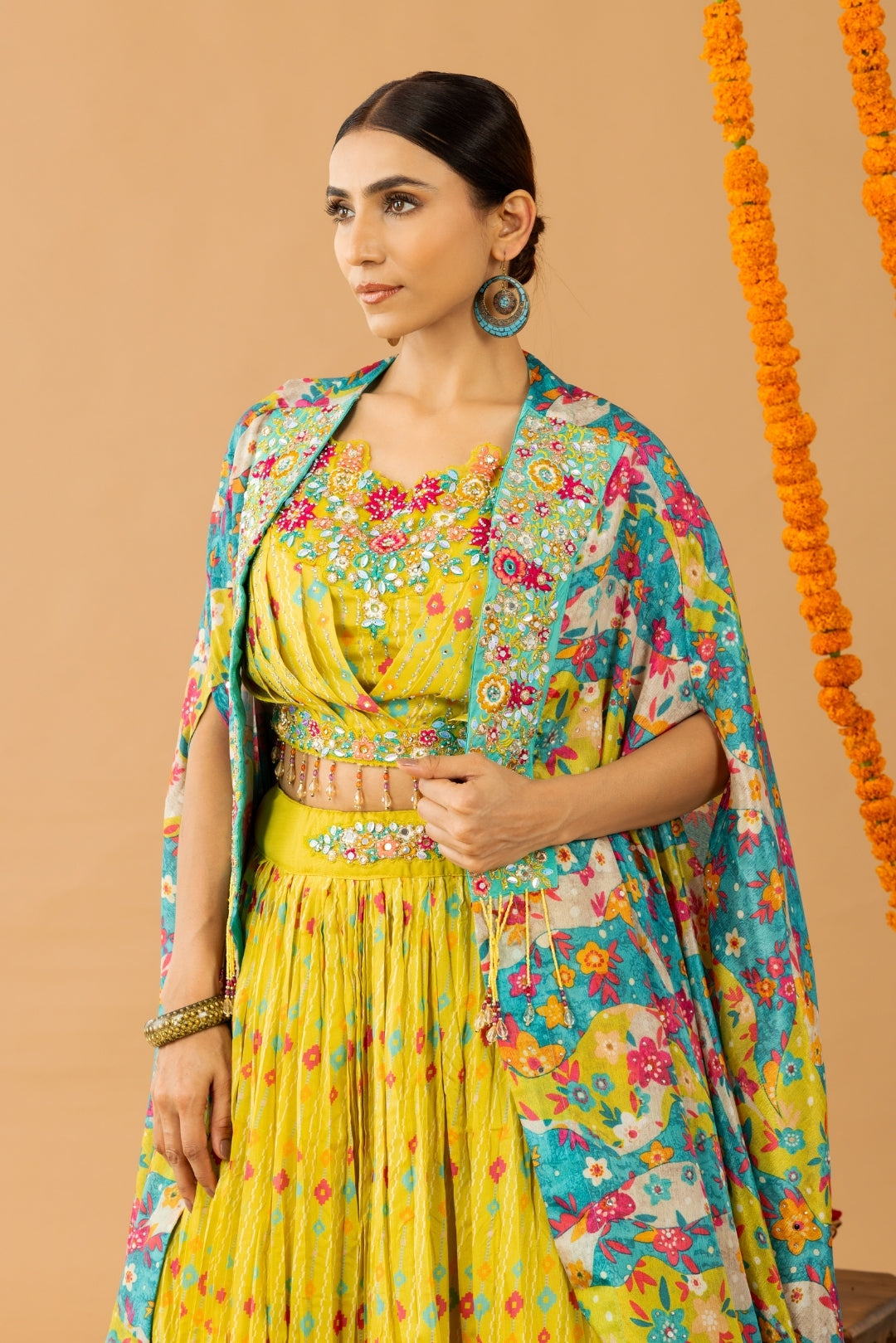 Yellow Chiffon Crop Top & Printed Jacket Set