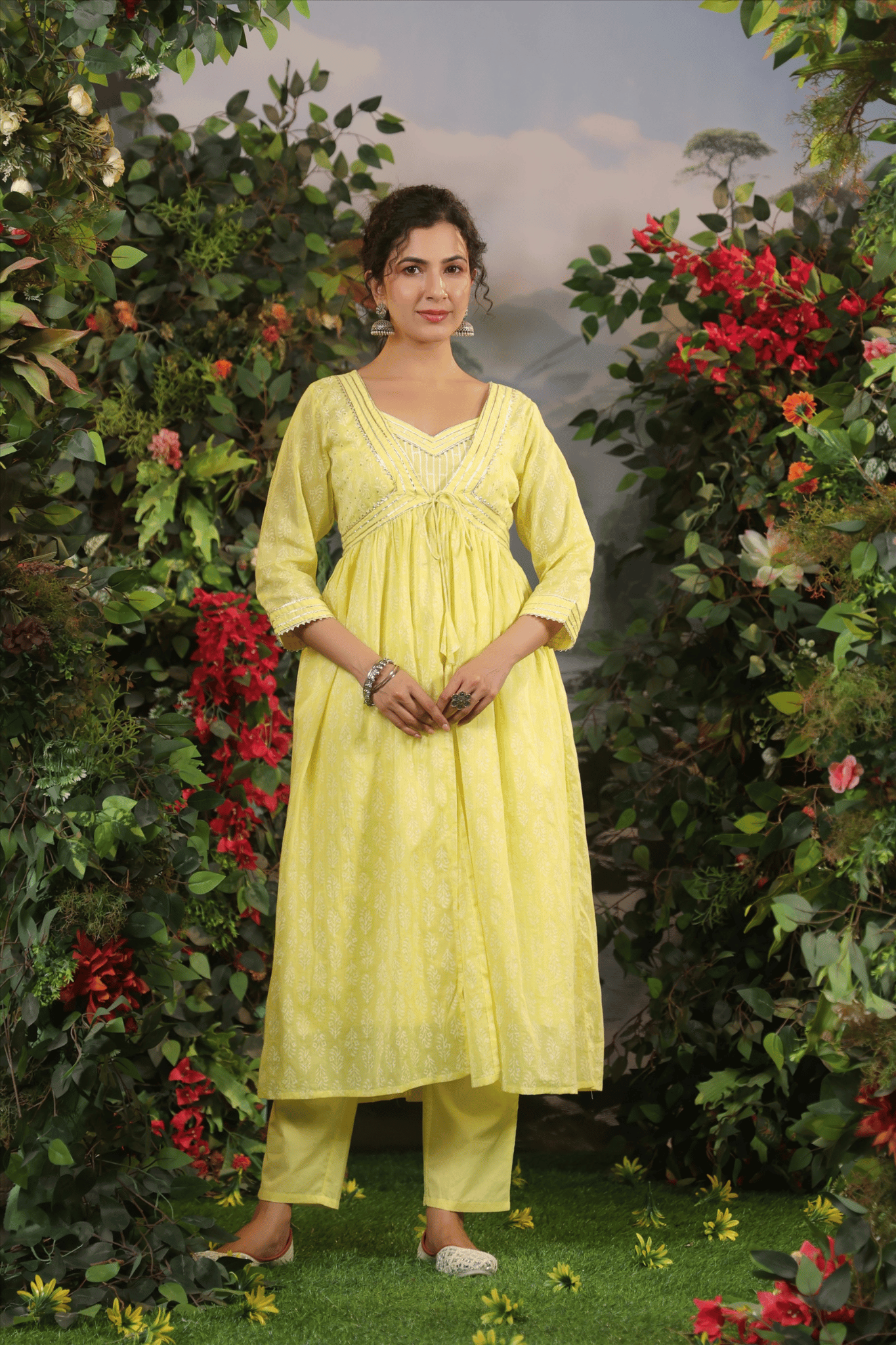 Yellow Hand Block Cotton Kurta Set With Shrug