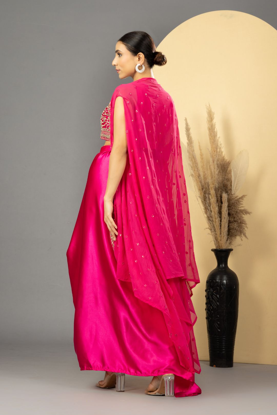 Pink Mirror Work Dhoti Skirt Set