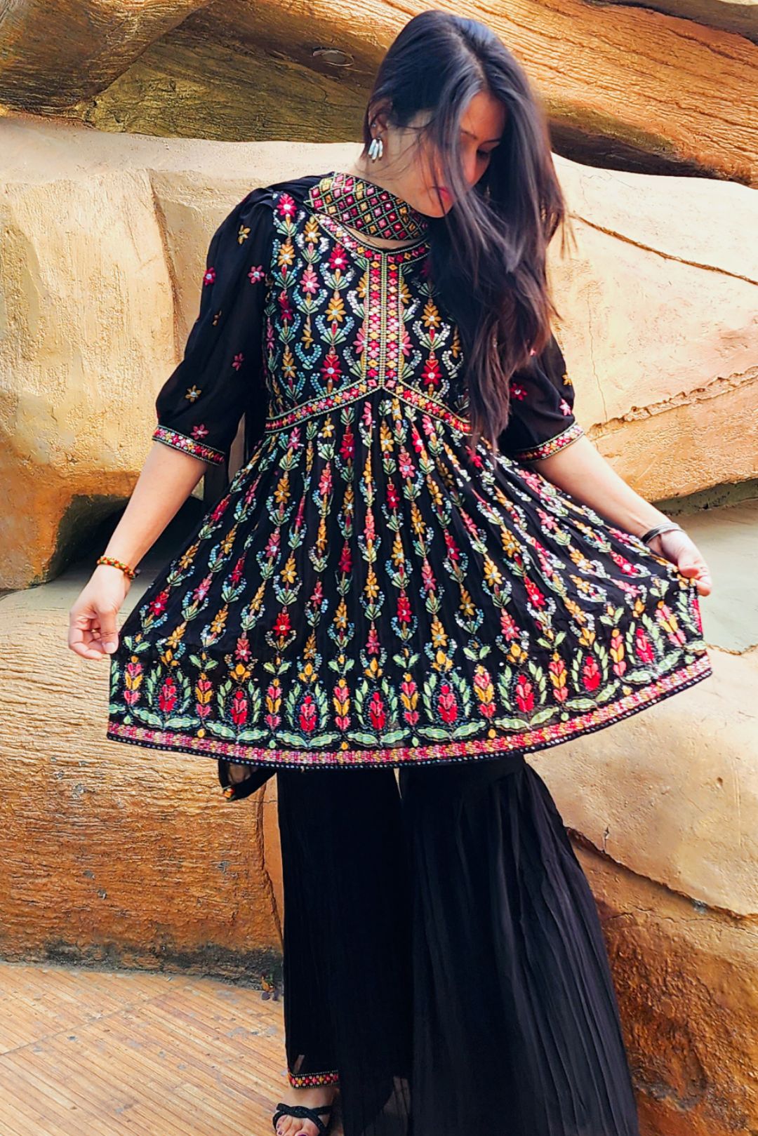 Black Multi Threadwork Georgette Sharara Suit