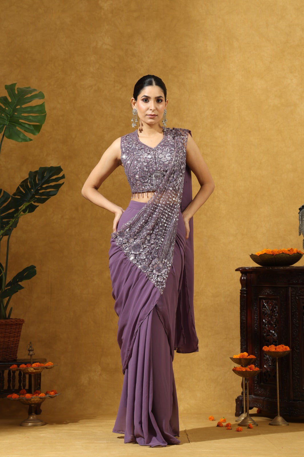 Embellished Draped Saree Set in Lavender