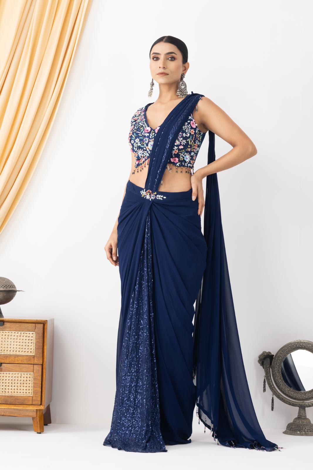 Royal Blue Floral Embellished Drape Saree