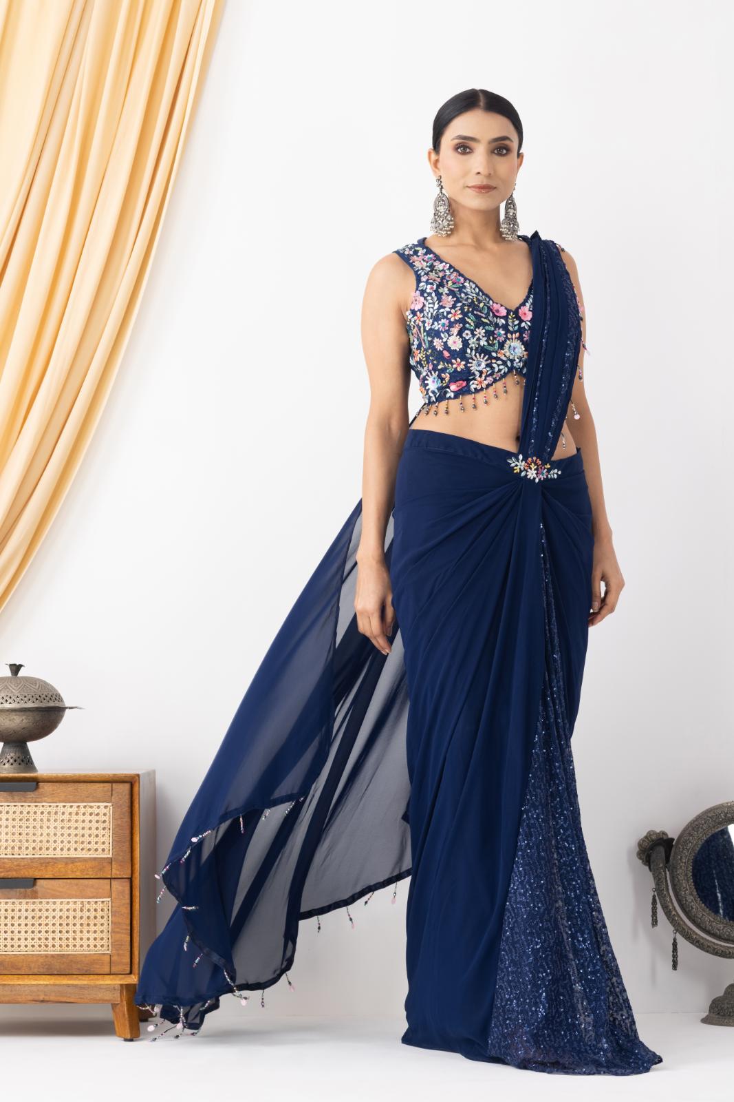Royal Blue Floral Embellished Drape Saree