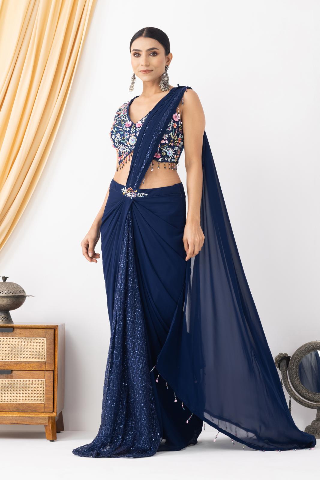 Royal Blue Floral Embellished Drape Saree