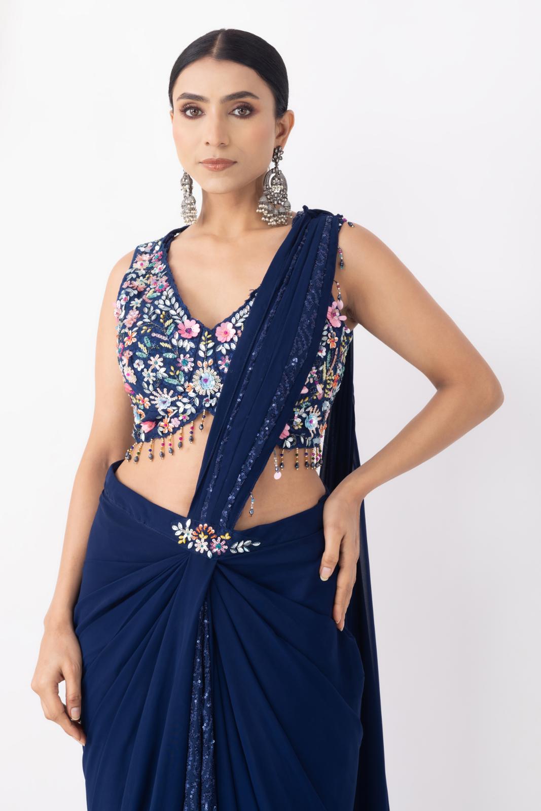 Royal Blue Floral Embellished Drape Saree