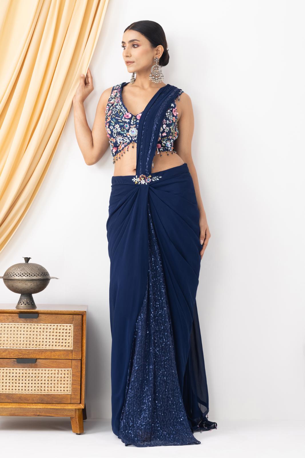 Royal Blue Floral Embellished Drape Saree