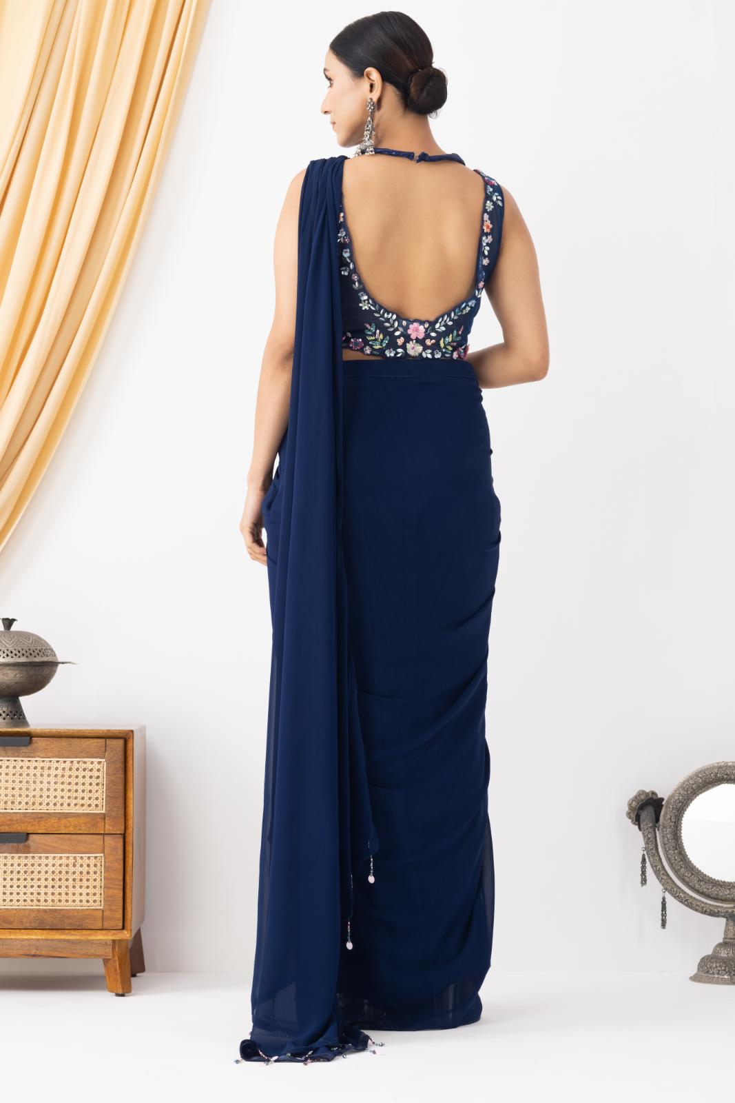 Royal Blue Floral Embellished Drape Saree